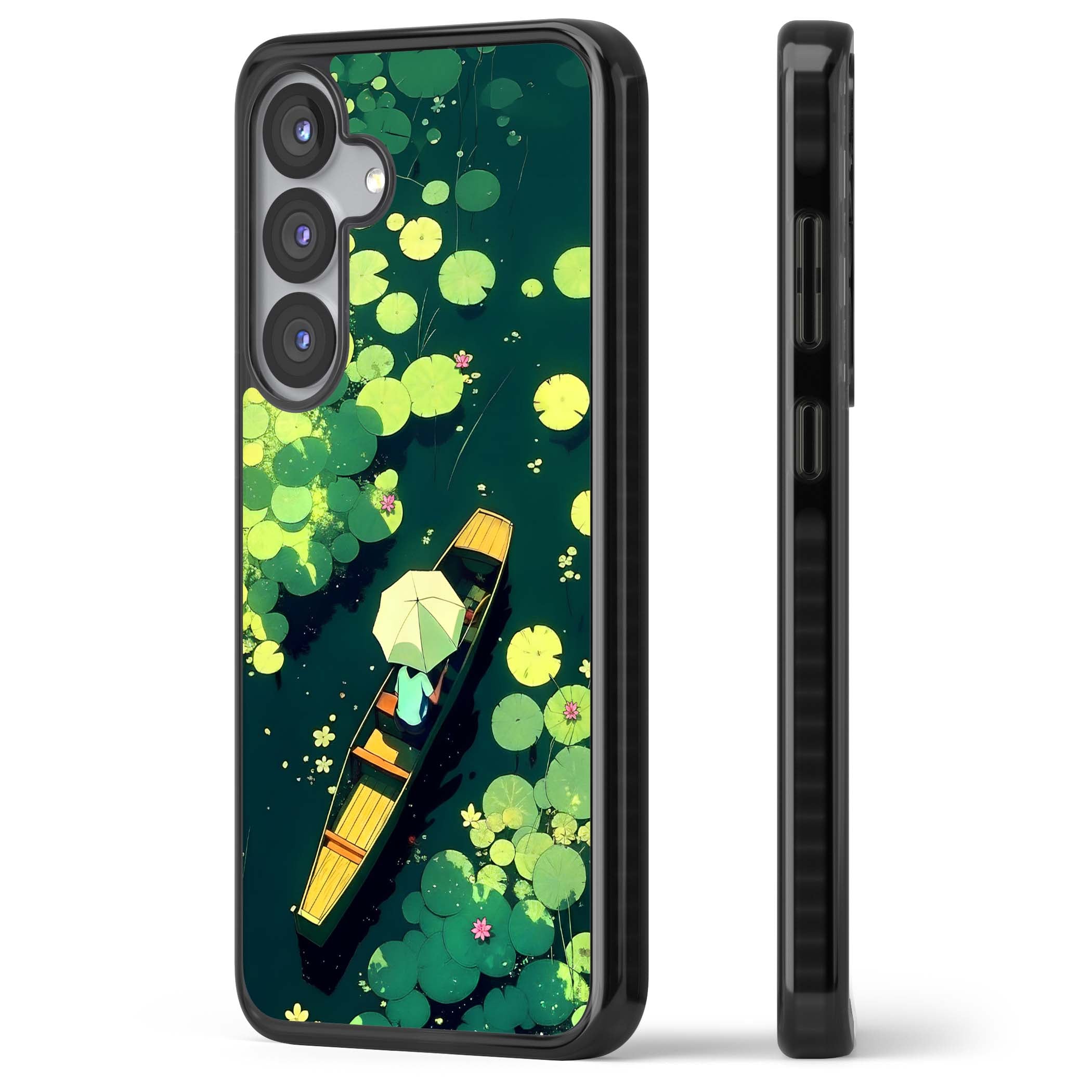 Jade Waters cottagecore iPhone case featuring a painted lily pond, wooden boat with parasol and floating water lilies | Black Impact case for Samsung Galaxy S25, Samsung Galaxy S25 Plus