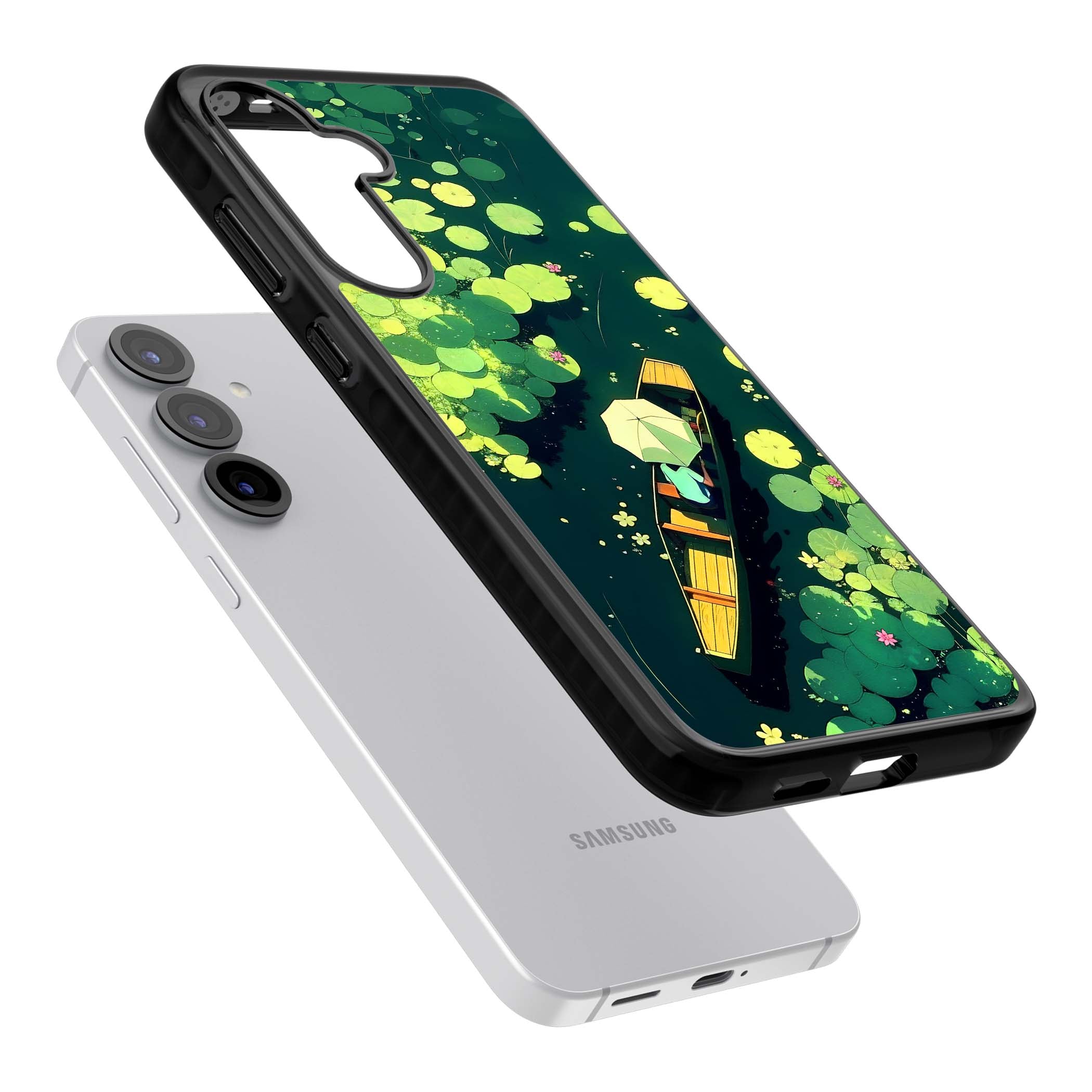 Jade Waters cottagecore iPhone case featuring a painted lily pond, wooden boat with parasol and floating water lilies | Black Impact case for Samsung Galaxy S25, Samsung Galaxy S25 Plus