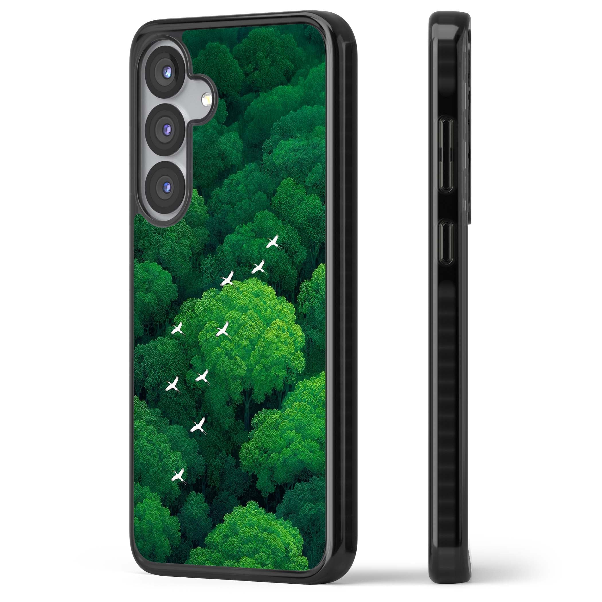Grove Migration forest iPhone case featuring white cranes flying over lush green treetop canopy | Black Impact case for Samsung Galaxy S25, Samsung Galaxy S25 Plus