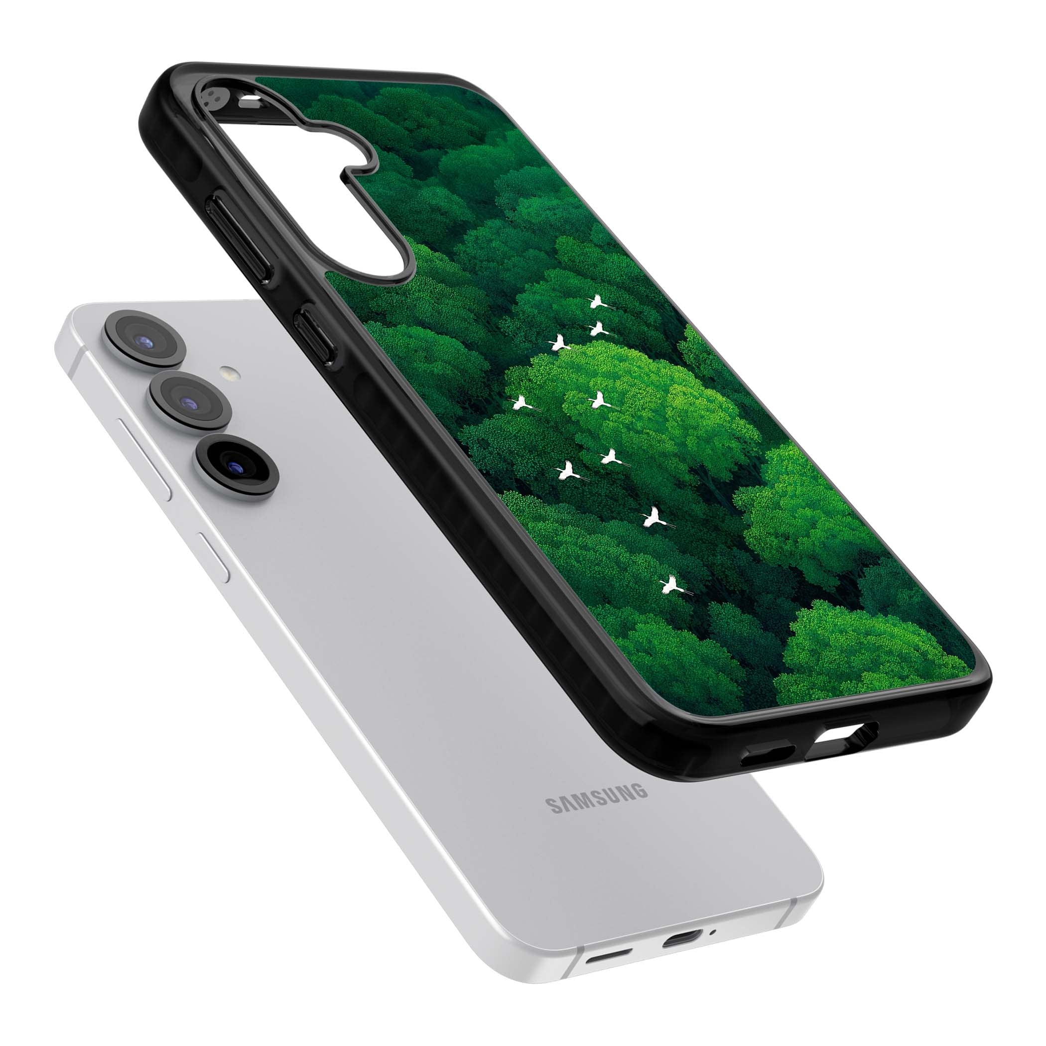 Grove Migration forest iPhone case featuring white cranes flying over lush green treetop canopy | Black Impact case for Samsung Galaxy S25, Samsung Galaxy S25 Plus