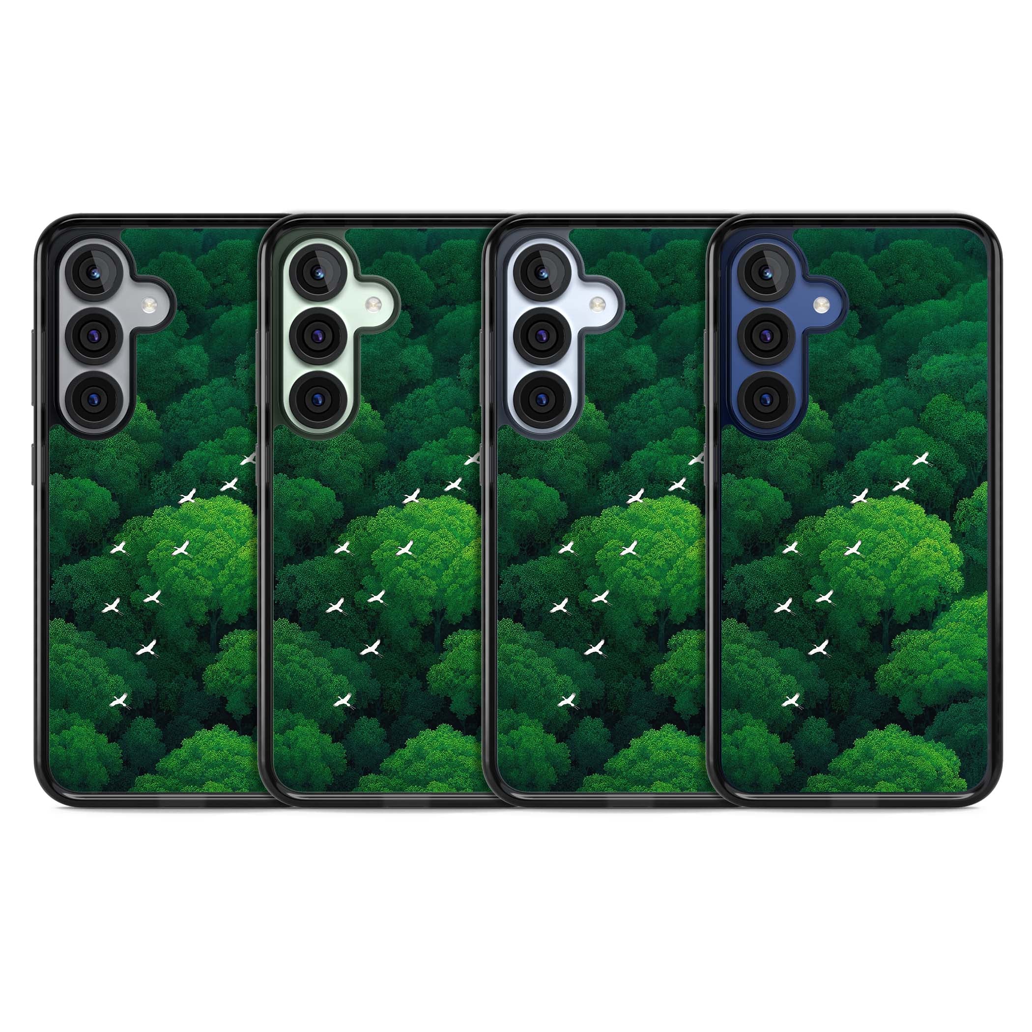 Grove Migration forest iPhone case featuring white cranes flying over lush green treetop canopy | Black Impact case for Samsung Galaxy S25, Samsung Galaxy S25 Plus