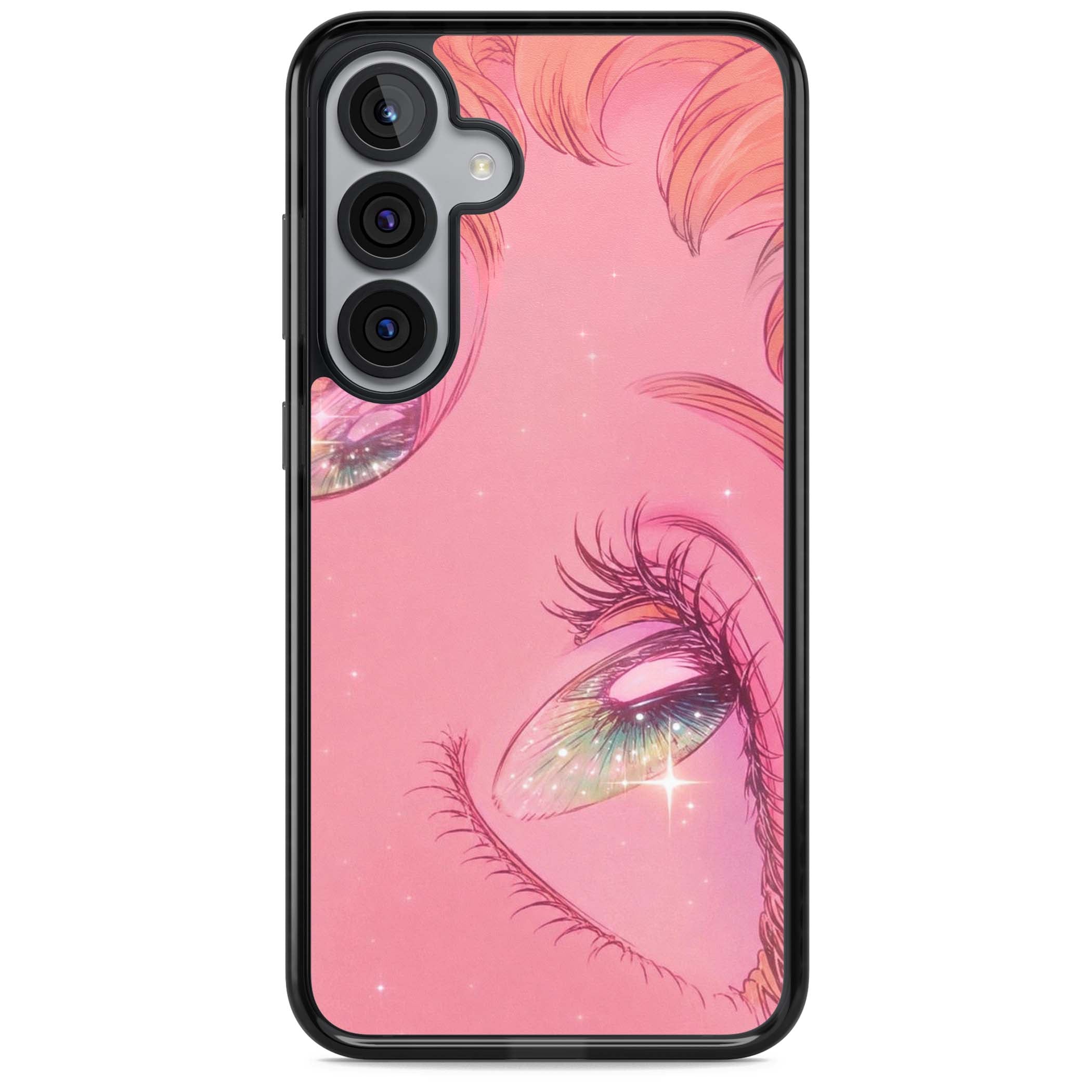 Pink Ethereal Gaze anime iPhone case featuring sparkling manga eyes, coral lashes and dreamy peach sky | Black Impact case for Samsung Galaxy S25, Samsung Galaxy S25 Plus