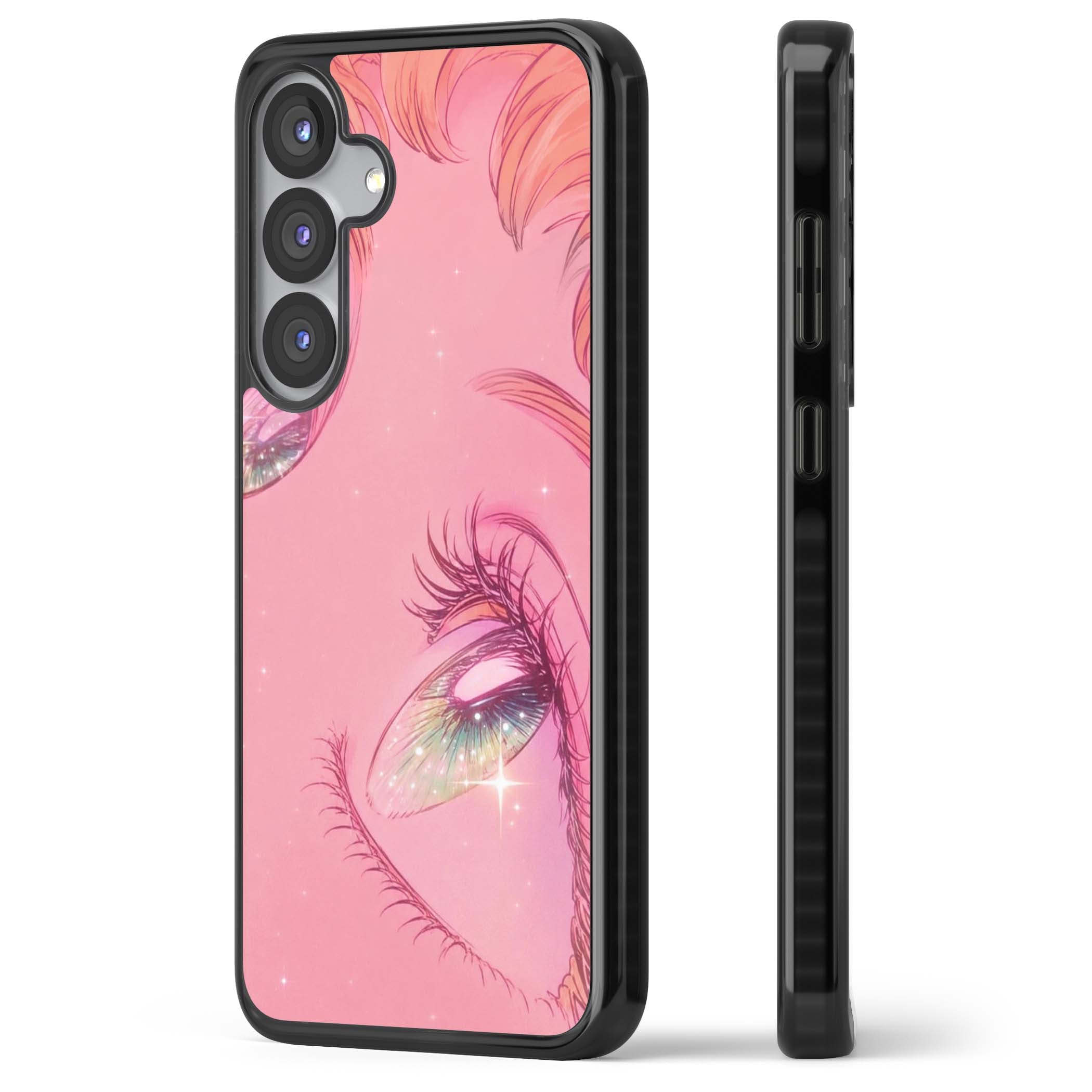 Pink Ethereal Gaze anime iPhone case featuring sparkling manga eyes, coral lashes and dreamy peach sky | Black Impact case for Samsung Galaxy S25, Samsung Galaxy S25 Plus
