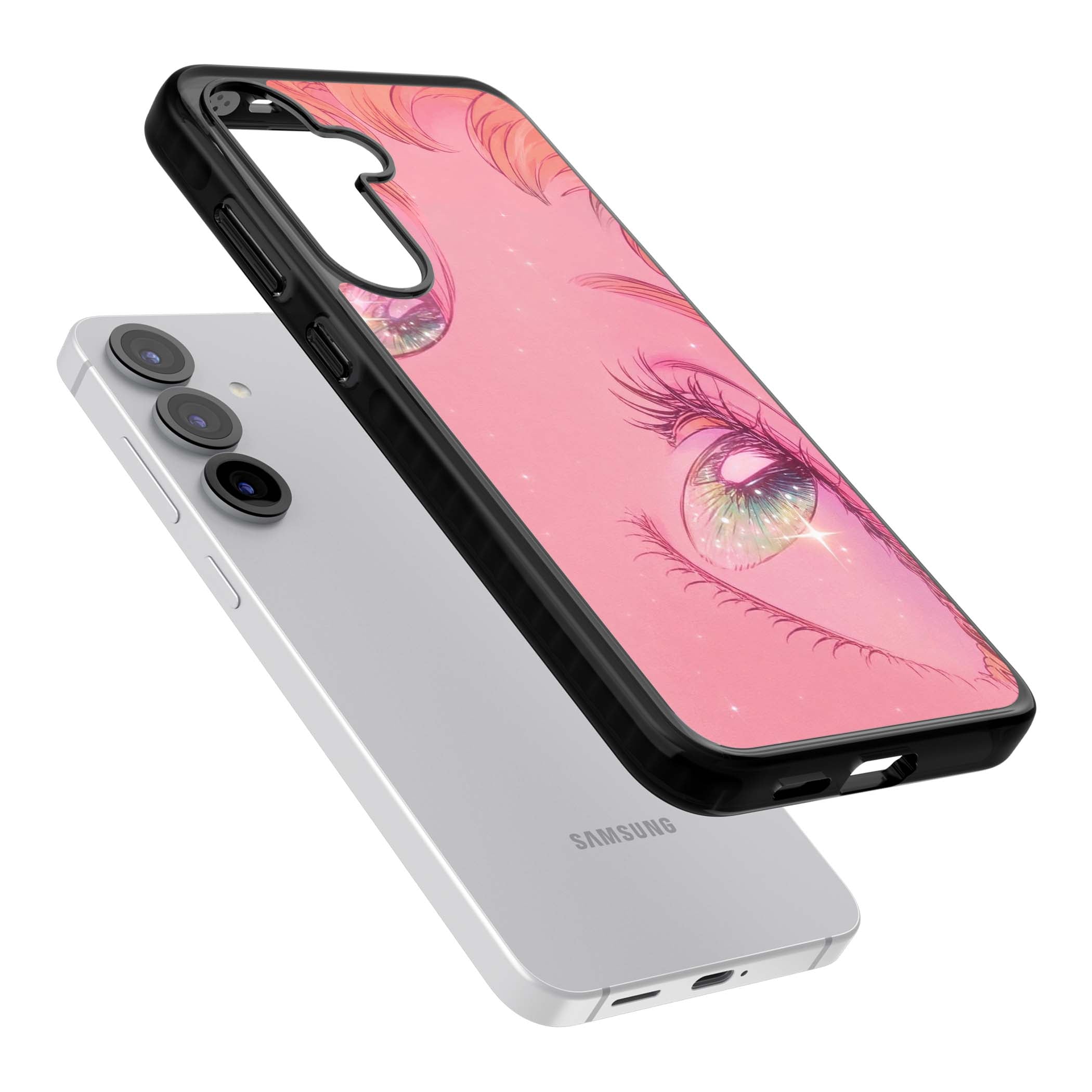 Pink Ethereal Gaze anime iPhone case featuring sparkling manga eyes, coral lashes and dreamy peach sky | Black Impact case for Samsung Galaxy S25, Samsung Galaxy S25 Plus