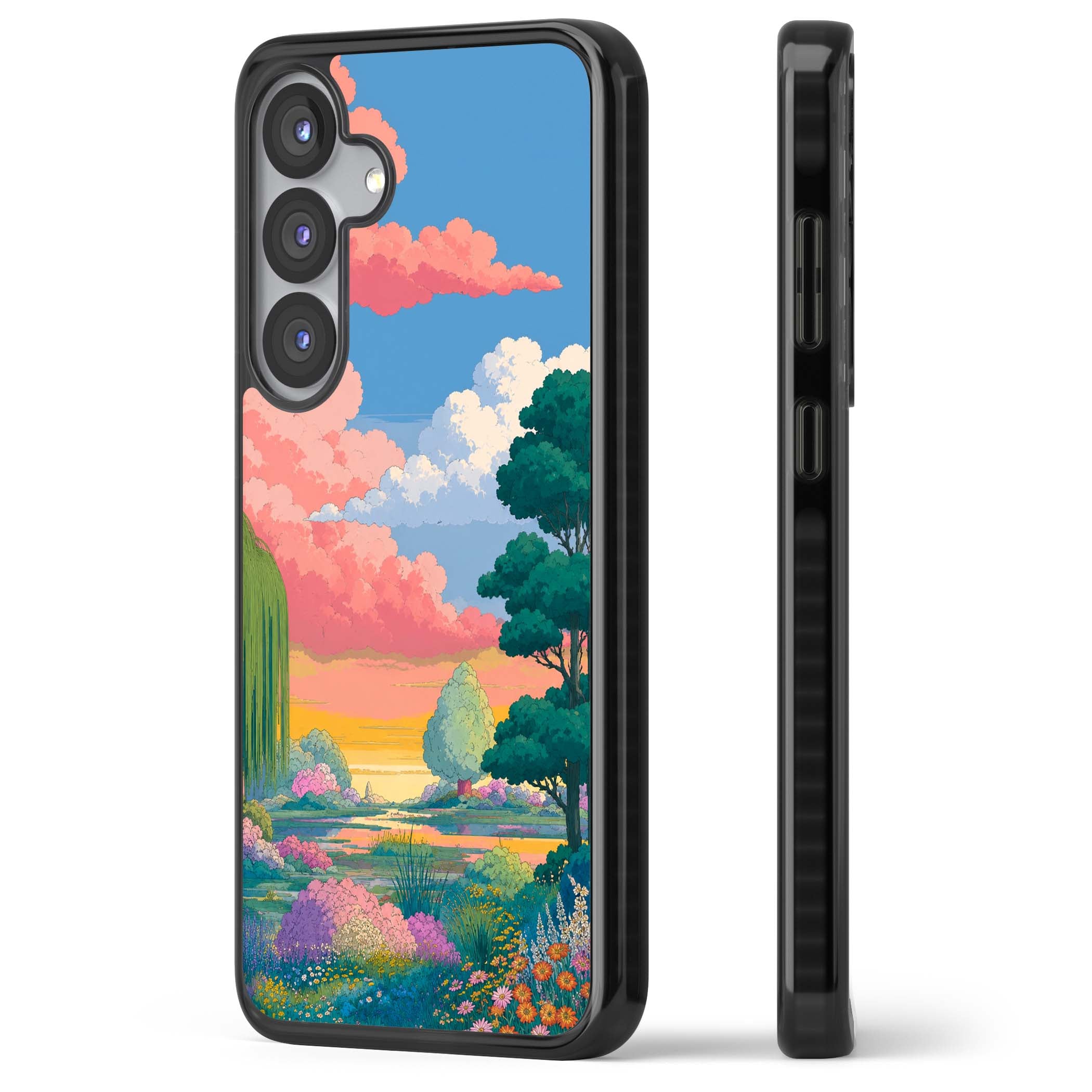 Dream Valley anime landscape iPhone case featuring pink sunset clouds, willow trees and wildflowers | Black Impact case for Samsung Galaxy S25, Samsung Galaxy S25 Plus