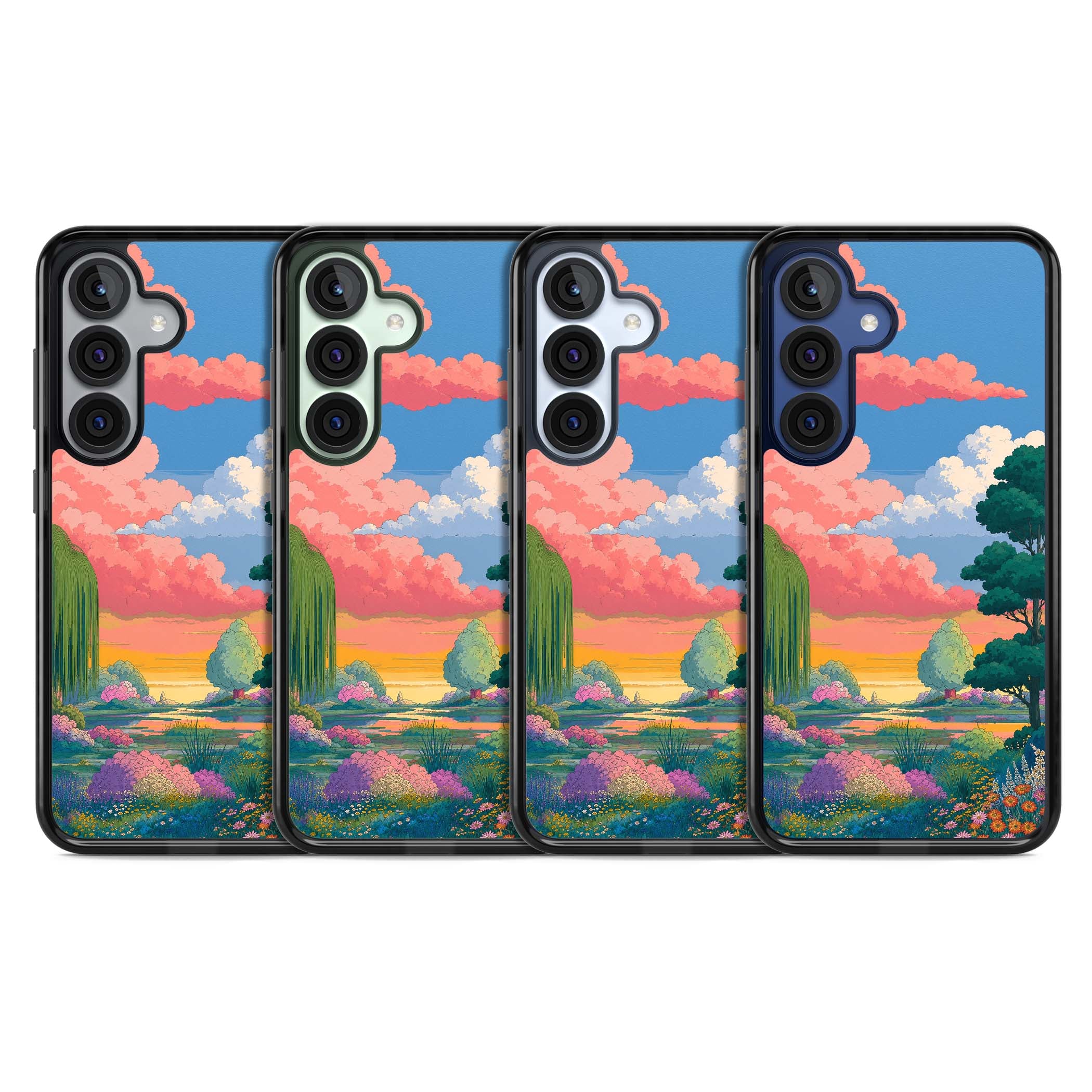 Dream Valley anime landscape iPhone case featuring pink sunset clouds, willow trees and wildflowers | Black Impact case for Samsung Galaxy S25, Samsung Galaxy S25 Plus