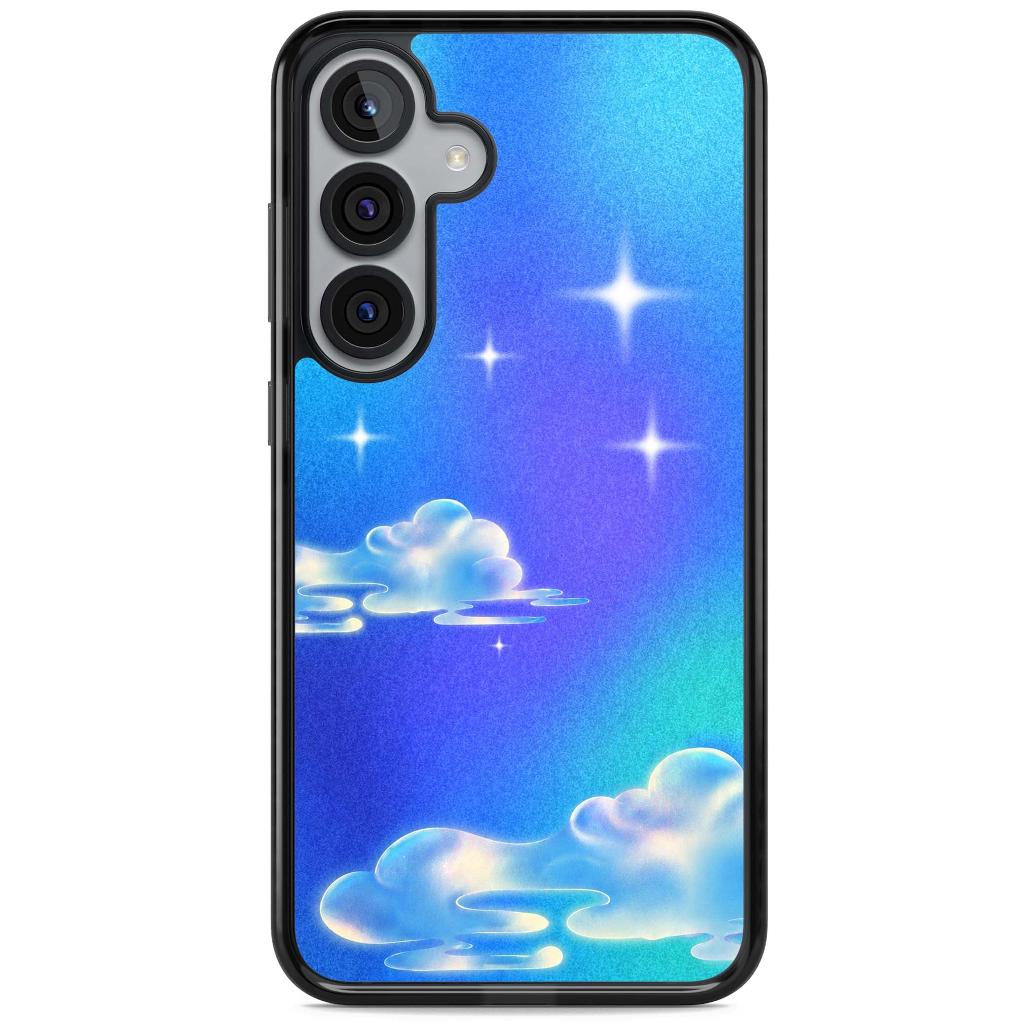 Aurora celestial iPhone case featuring dreamy iridescent clouds, sparkling stars and pastel blue purple sky | Black Impact case for Samsung Galaxy S25, Samsung Galaxy S25 Plus