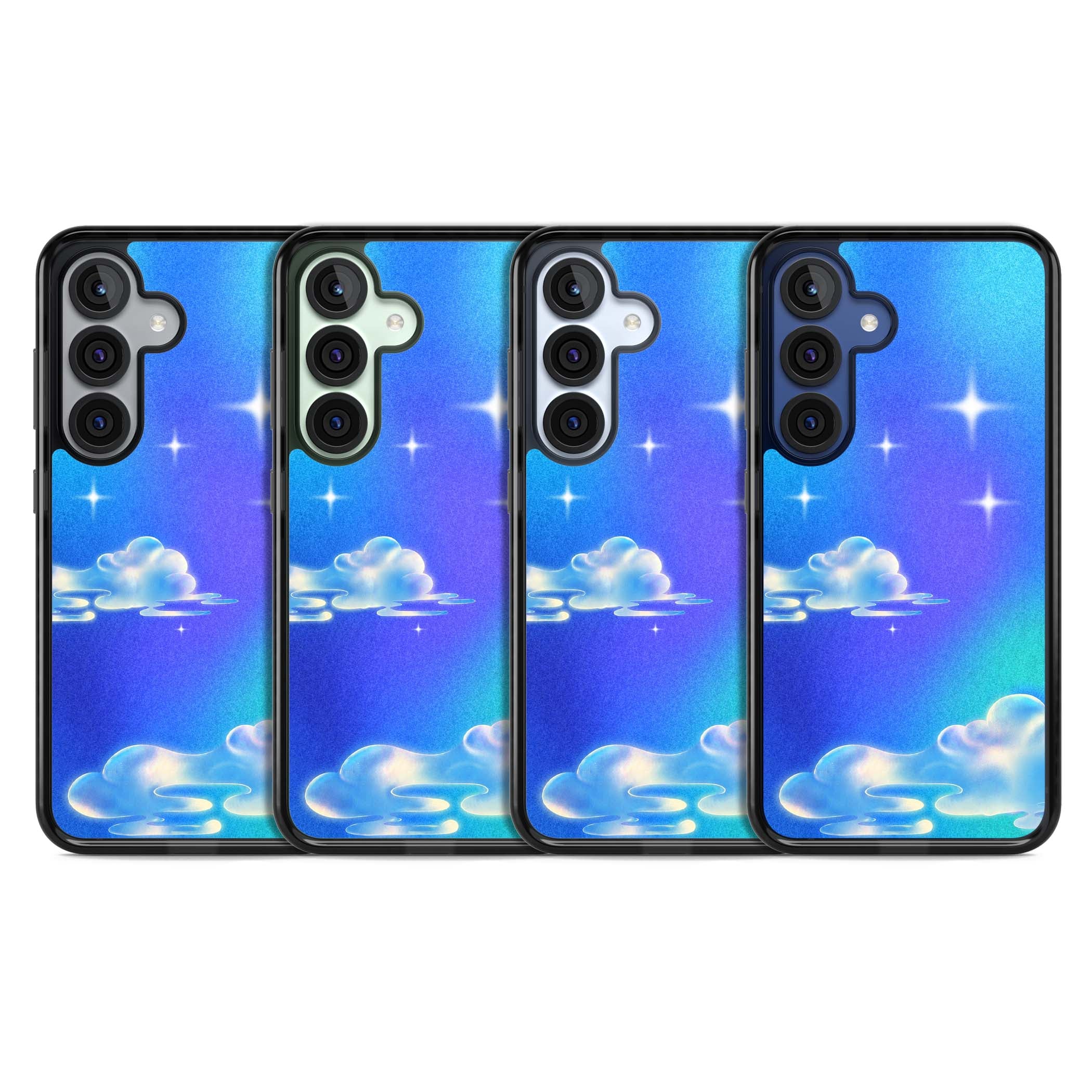 Aurora celestial iPhone case featuring dreamy iridescent clouds, sparkling stars and pastel blue purple sky | Black Impact case for Samsung Galaxy S25, Samsung Galaxy S25 Plus