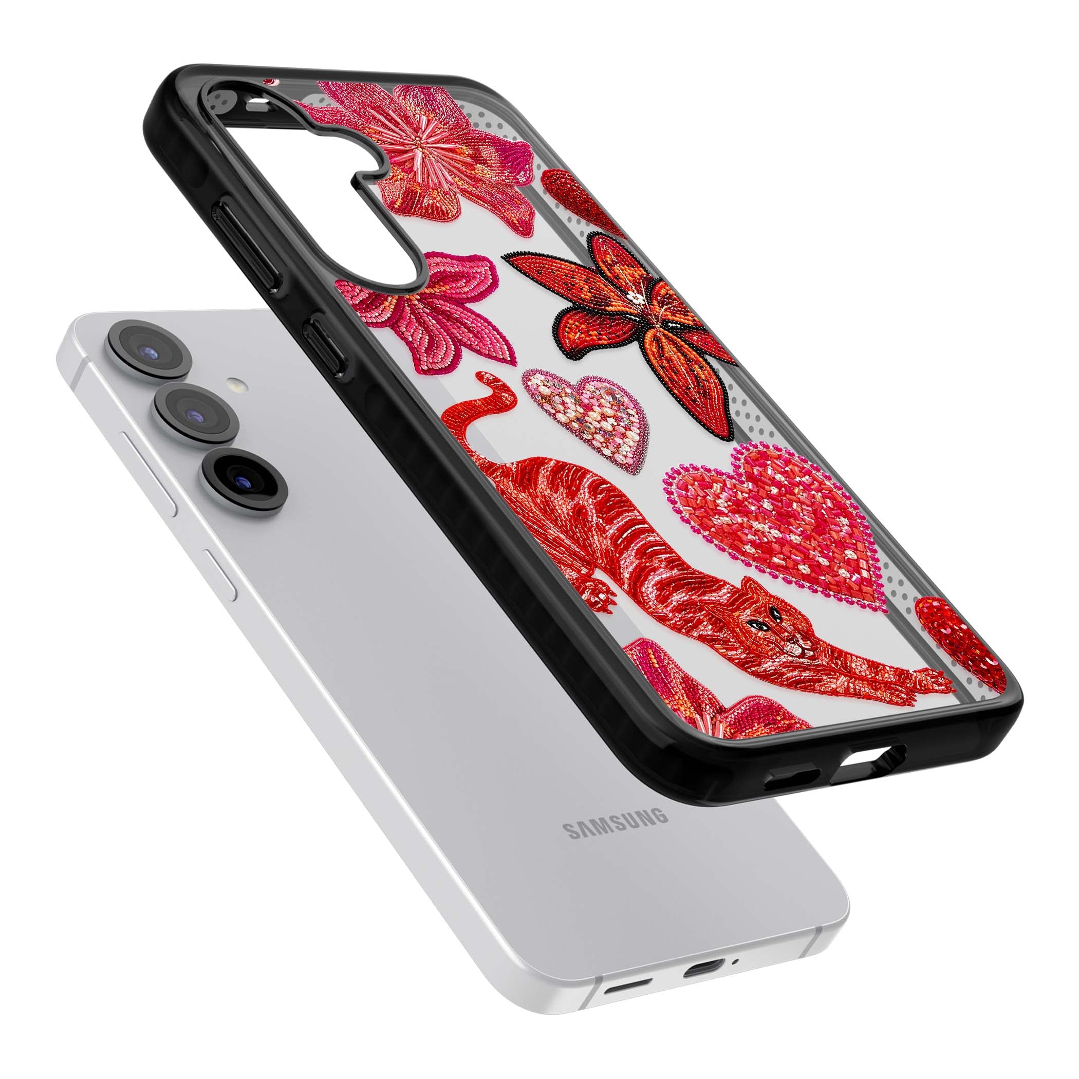 Beaded Boho floral iPhone case featuring beaded red lilies, a stitched tiger, and pearl-encrusted hearts on clear | Black Impact case for Samsung Galaxy S25, Samsung Galaxy S25 Plus