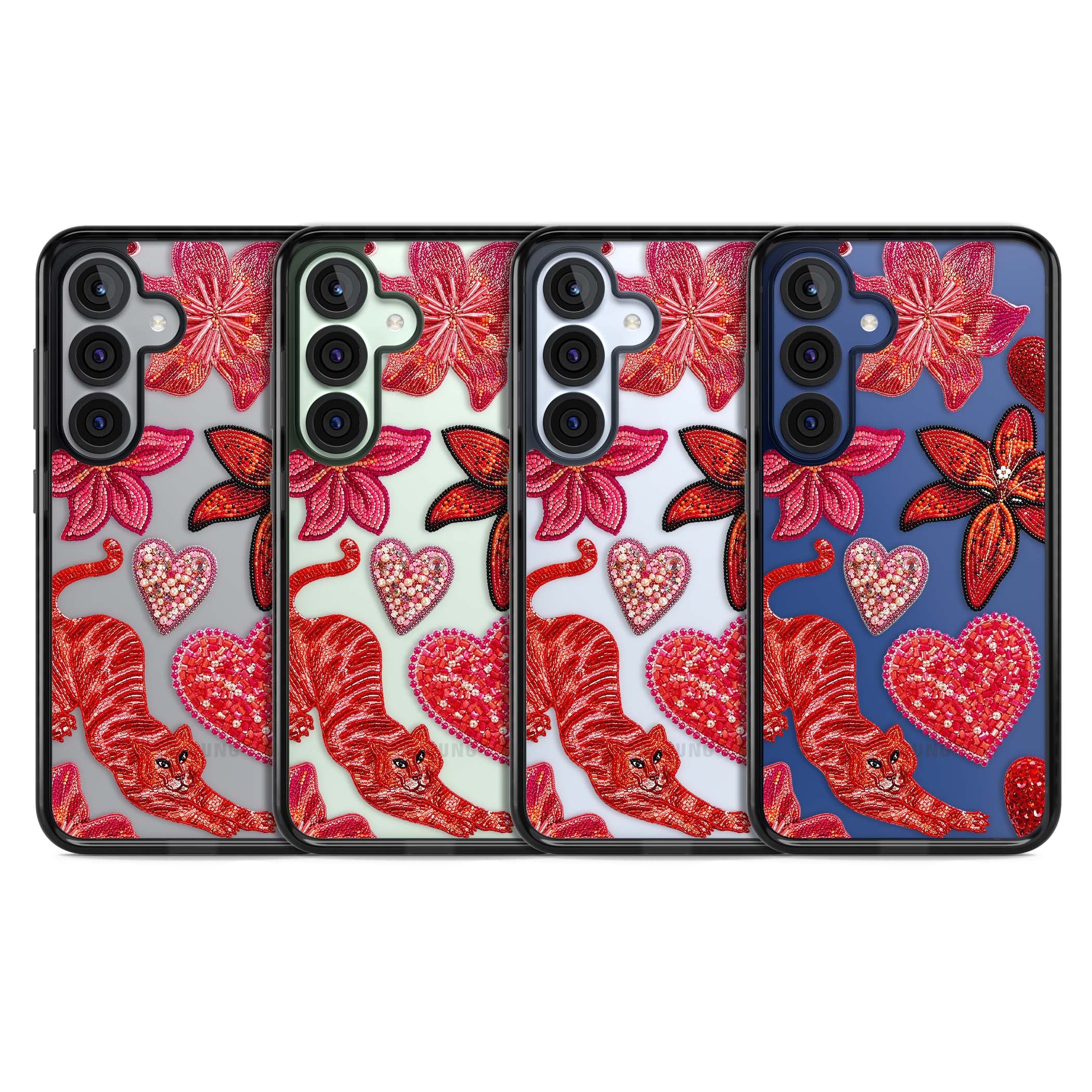 Beaded Boho floral iPhone case featuring beaded red lilies, a stitched tiger, and pearl-encrusted hearts on clear | Black Impact case for Samsung Galaxy S25, Samsung Galaxy S25 Plus