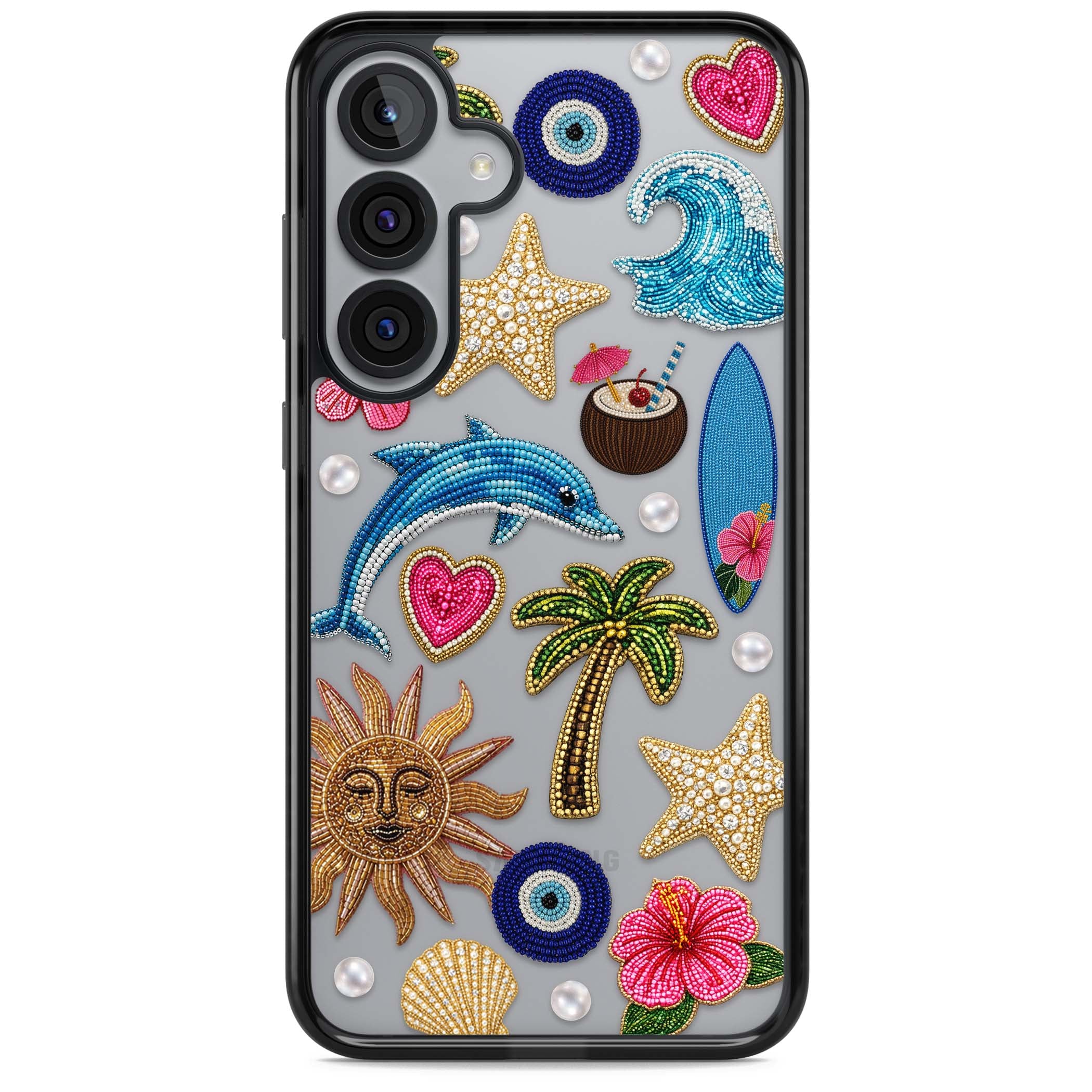 Beaded Beach coastal summer iPhone case featuring embroidered evil eye, hibiscus flowers, dolphin and palm tree patches | Black Impact case for Samsung Galaxy S25, Samsung Galaxy S25 Plus
