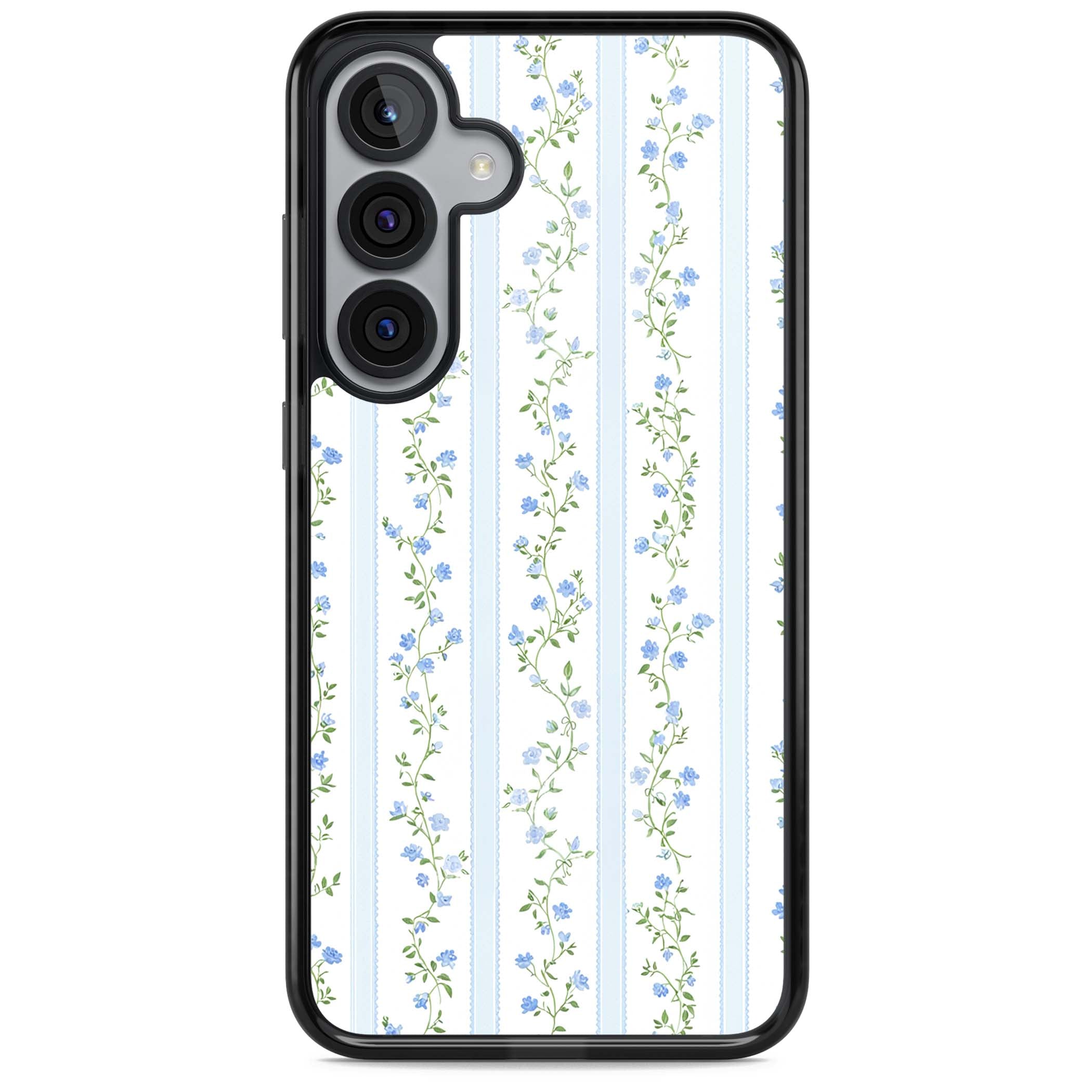 Bluebell Vine cottagecore iPhone case featuring climbing blue roses, trailing green vines, and pale ticking stripes | Black Impact case for Samsung Galaxy S25, Samsung Galaxy S25 Plus