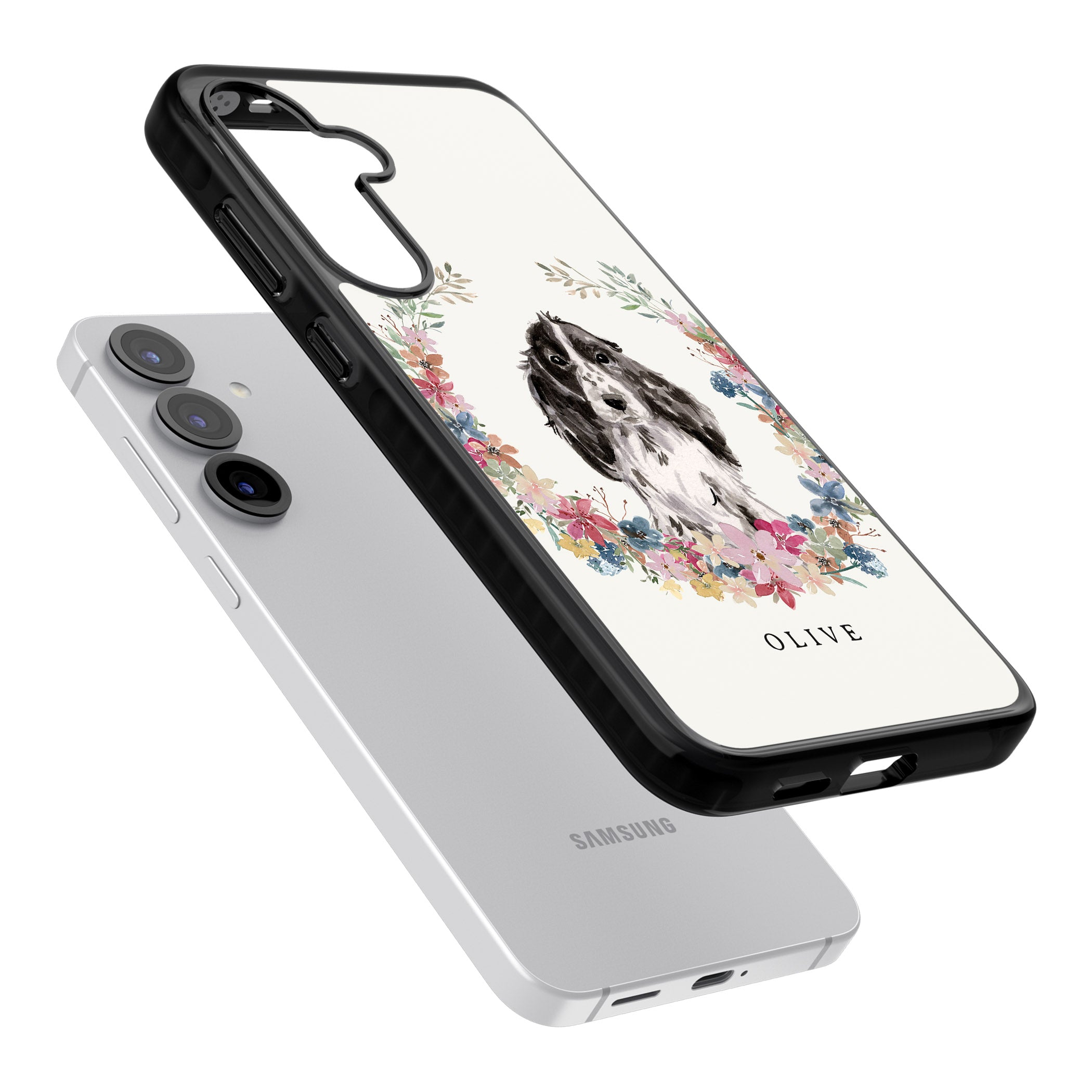 Personalised Black Cocker Spaniel Floral Portrait