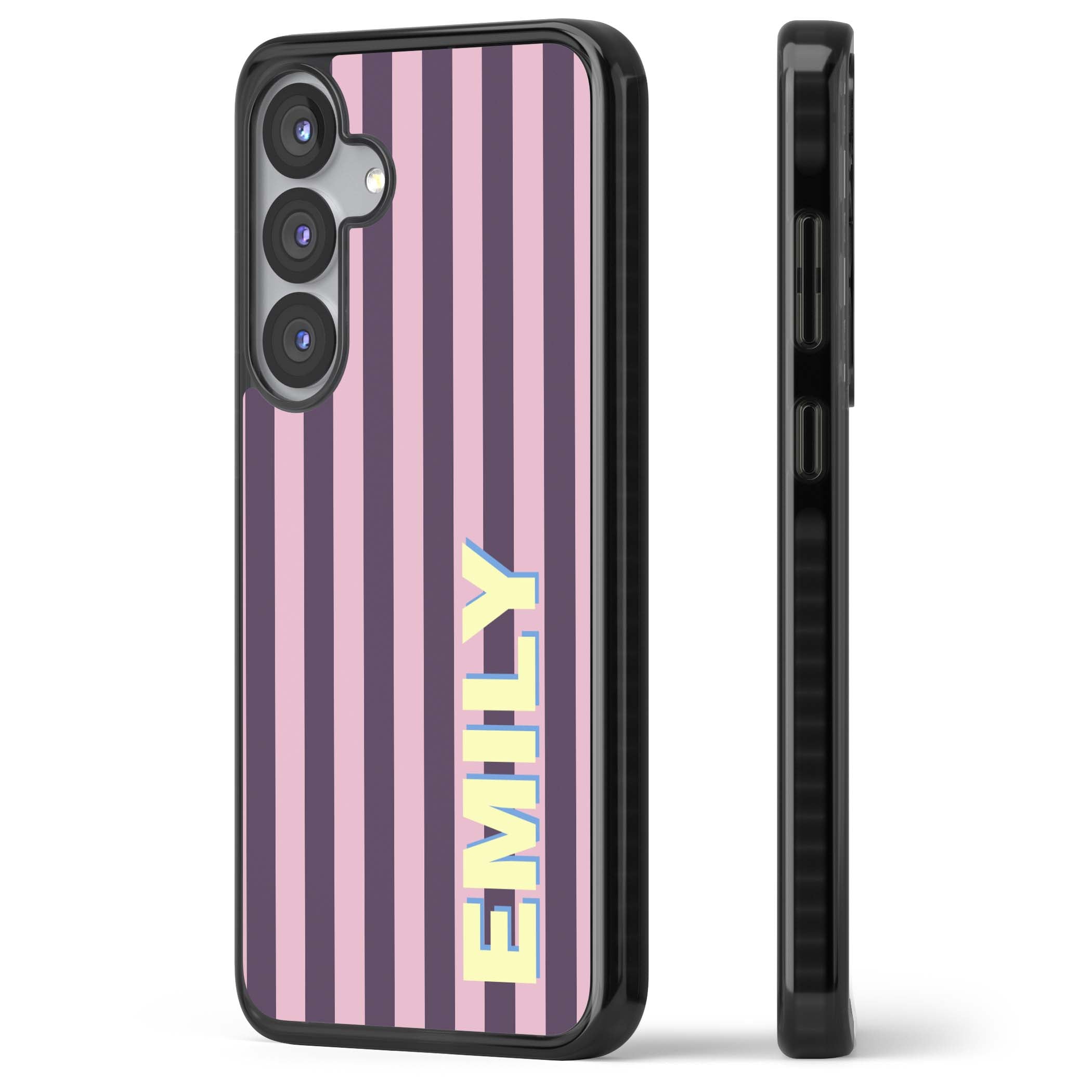 Tyre Stripe personalised stripe iPhone case with plum and pink vertical stripes and custom yellow name | Black Impact case for Samsung Galaxy S25, Samsung Galaxy S25 Plus