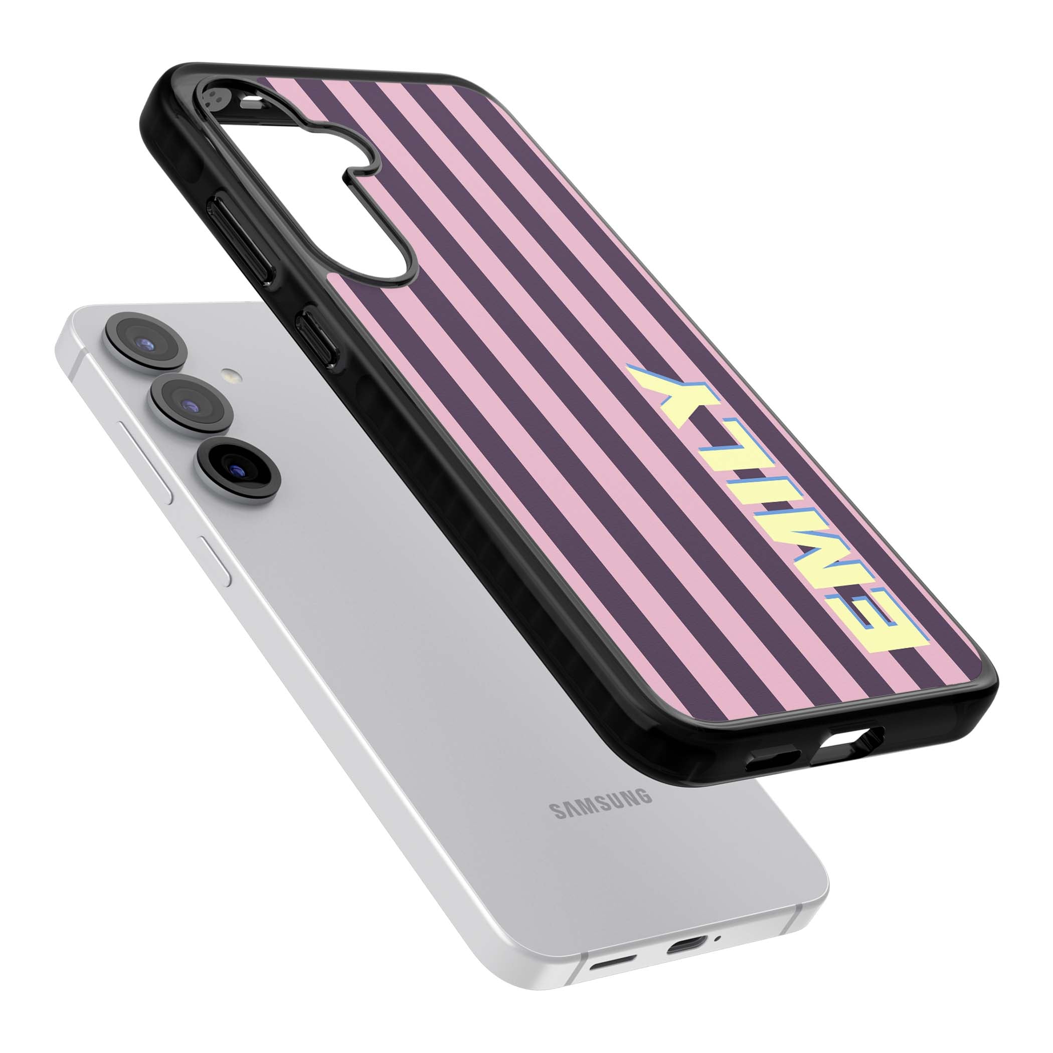 Tyre Stripe personalised stripe iPhone case with plum and pink vertical stripes and custom yellow name | Black Impact case for Samsung Galaxy S25, Samsung Galaxy S25 Plus