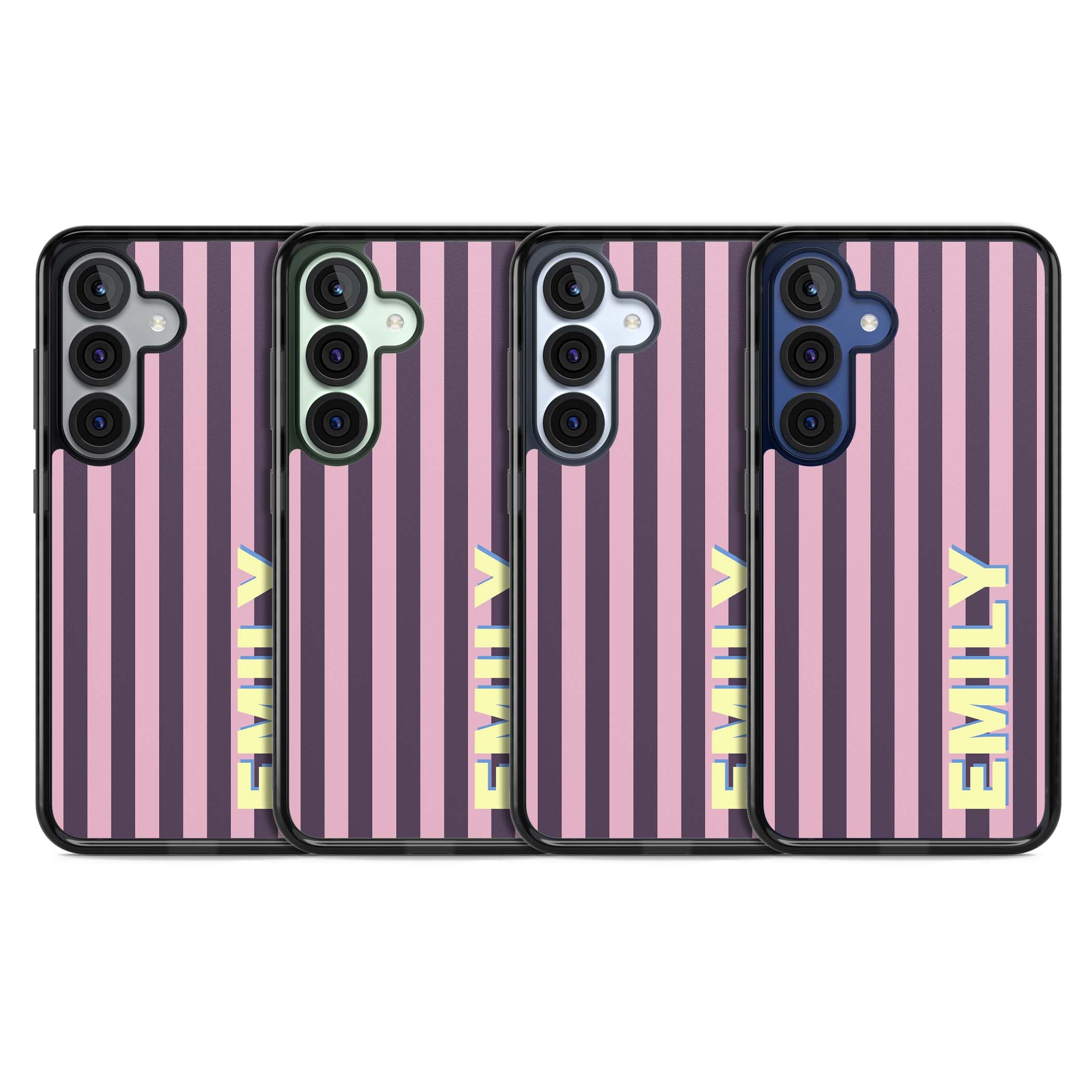Tyre Stripe personalised stripe iPhone case with plum and pink vertical stripes and custom yellow name | Black Impact case for Samsung Galaxy S25, Samsung Galaxy S25 Plus