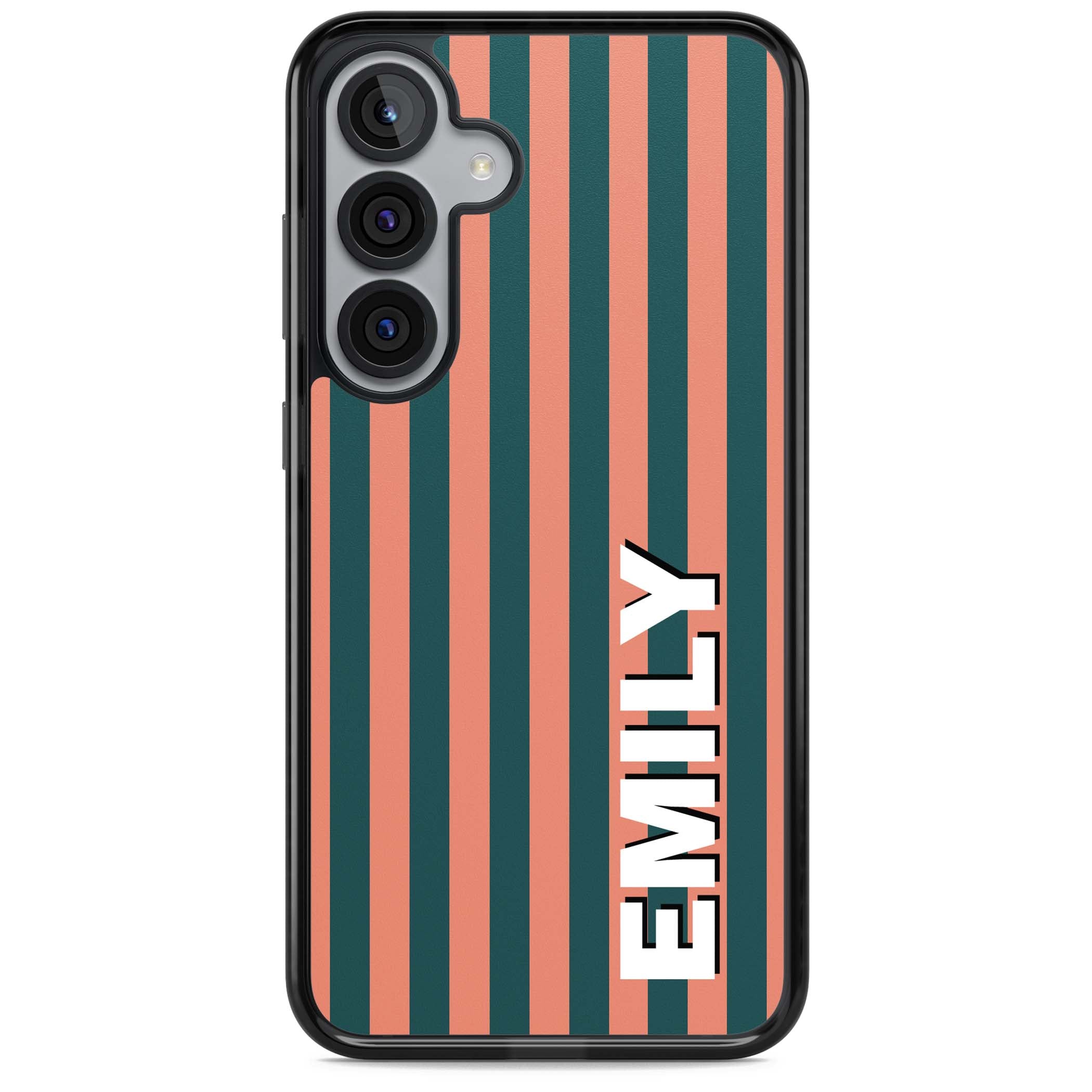 Tuscan Stripe personalised iPhone case featuring coral and green vertical stripes with bold custom name | Black Impact case for Samsung Galaxy S25, Samsung Galaxy S25 Plus