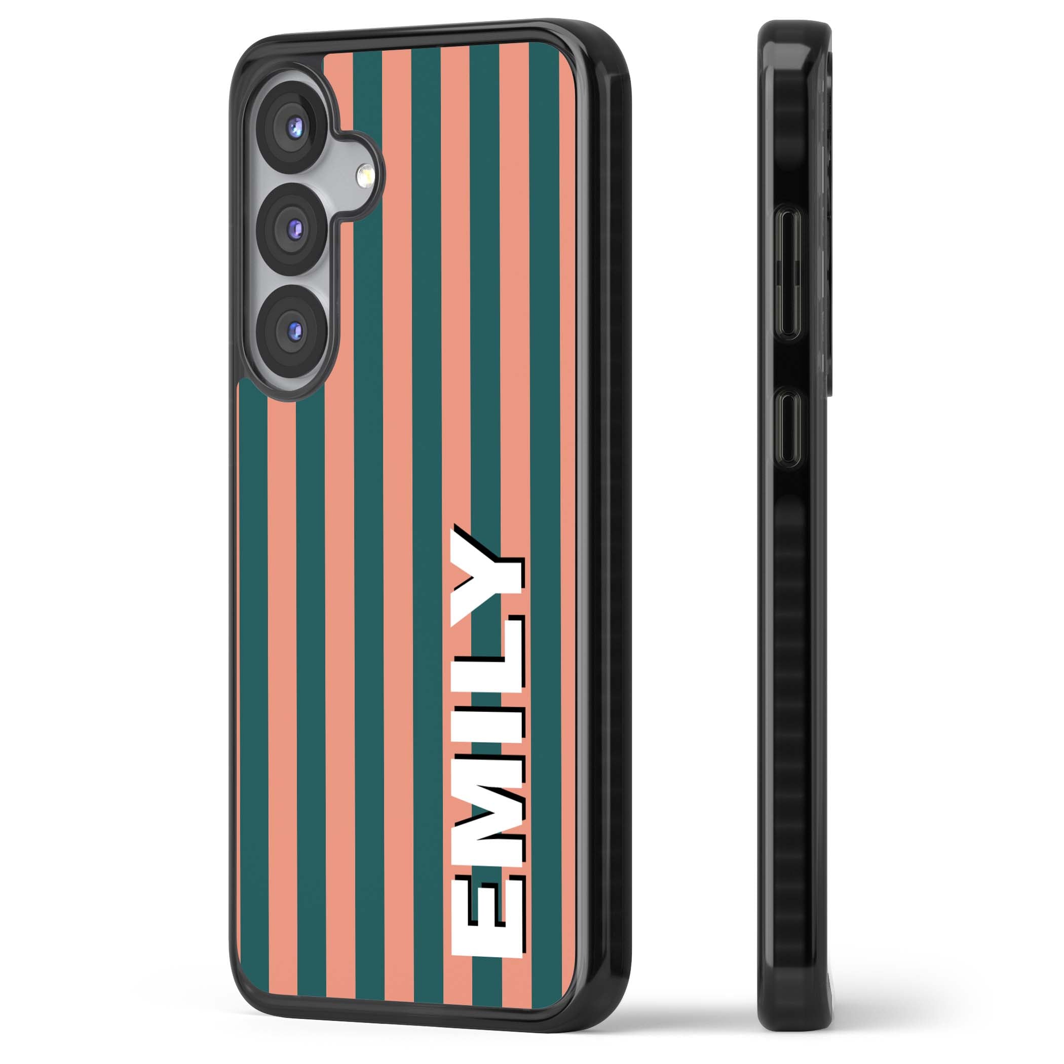 Tuscan Stripe personalised iPhone case featuring coral and green vertical stripes with bold custom name | Black Impact case for Samsung Galaxy S25, Samsung Galaxy S25 Plus