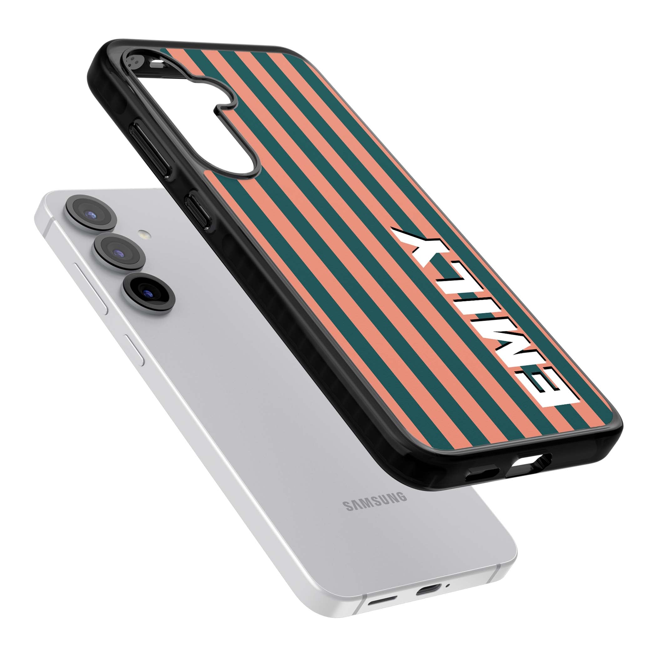 Tuscan Stripe personalised iPhone case featuring coral and green vertical stripes with bold custom name | Black Impact case for Samsung Galaxy S25, Samsung Galaxy S25 Plus
