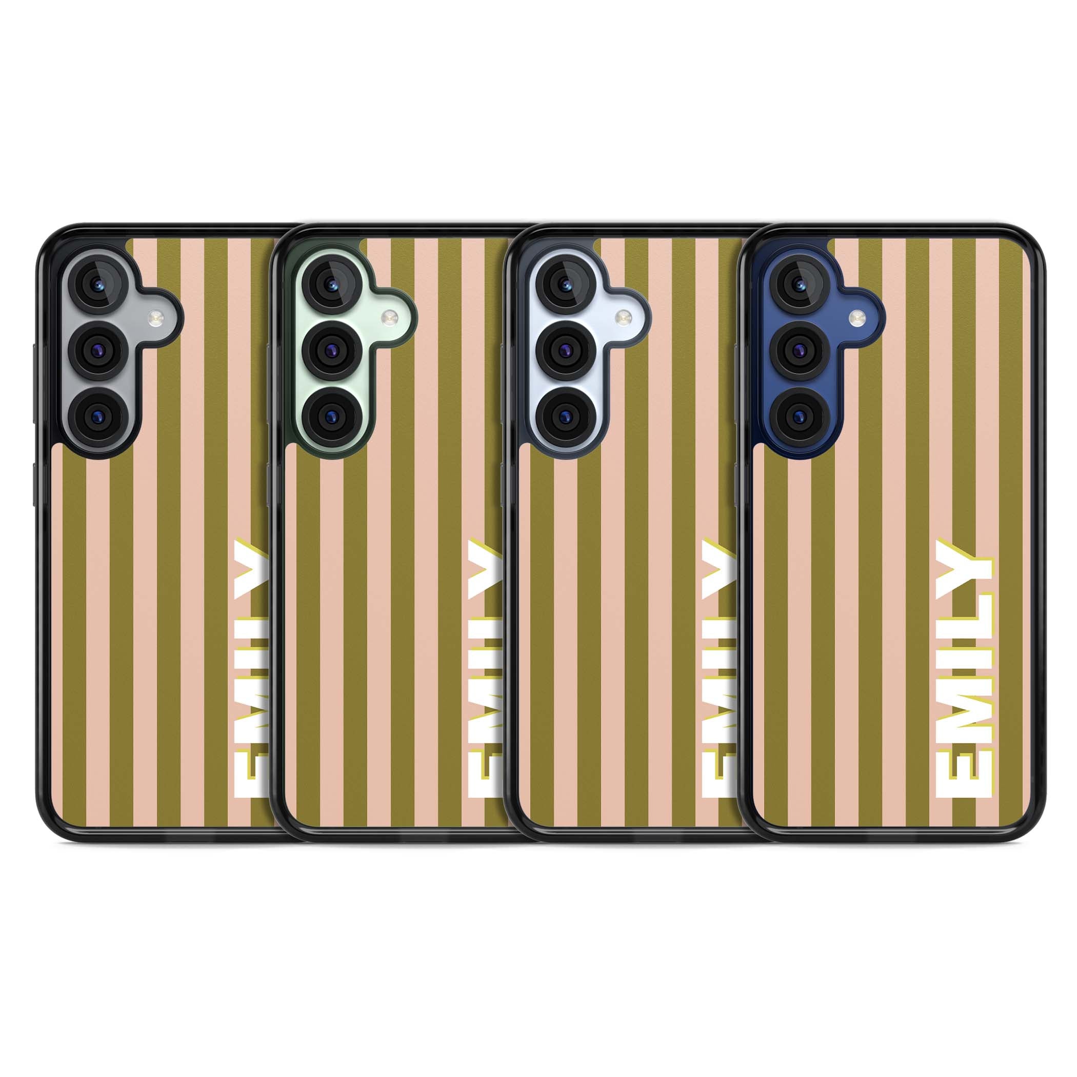 Indian Stripe personalised iPhone case featuring olive green and blush pink vertical stripes with custom name in whit | Black Impact case for Samsung Galaxy S25, Samsung Galaxy S25 Plus