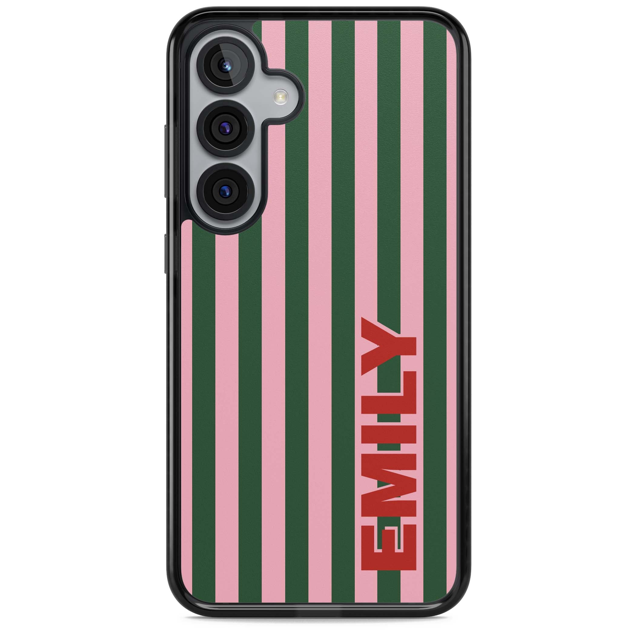 Italian Stripe preppy iPhone case featuring pink and green vertical stripes with personalised red name | Black Impact case for Samsung Galaxy S25, Samsung Galaxy S25 Plus