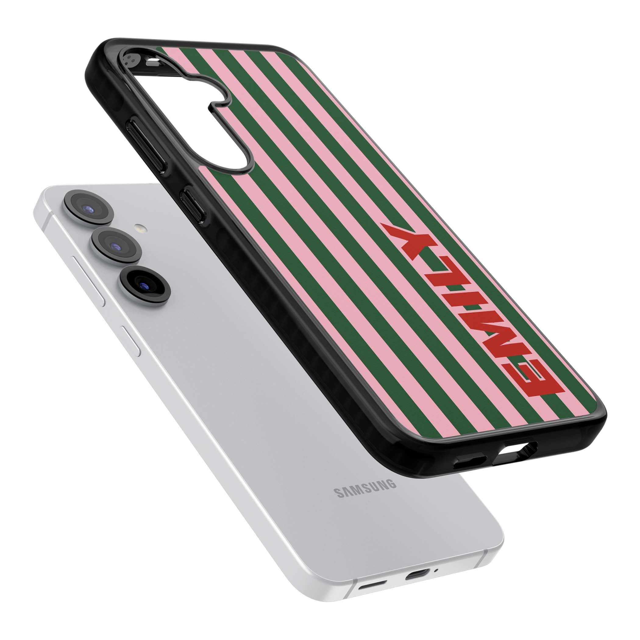 Italian Stripe preppy iPhone case featuring pink and green vertical stripes with personalised red name | Black Impact case for Samsung Galaxy S25, Samsung Galaxy S25 Plus