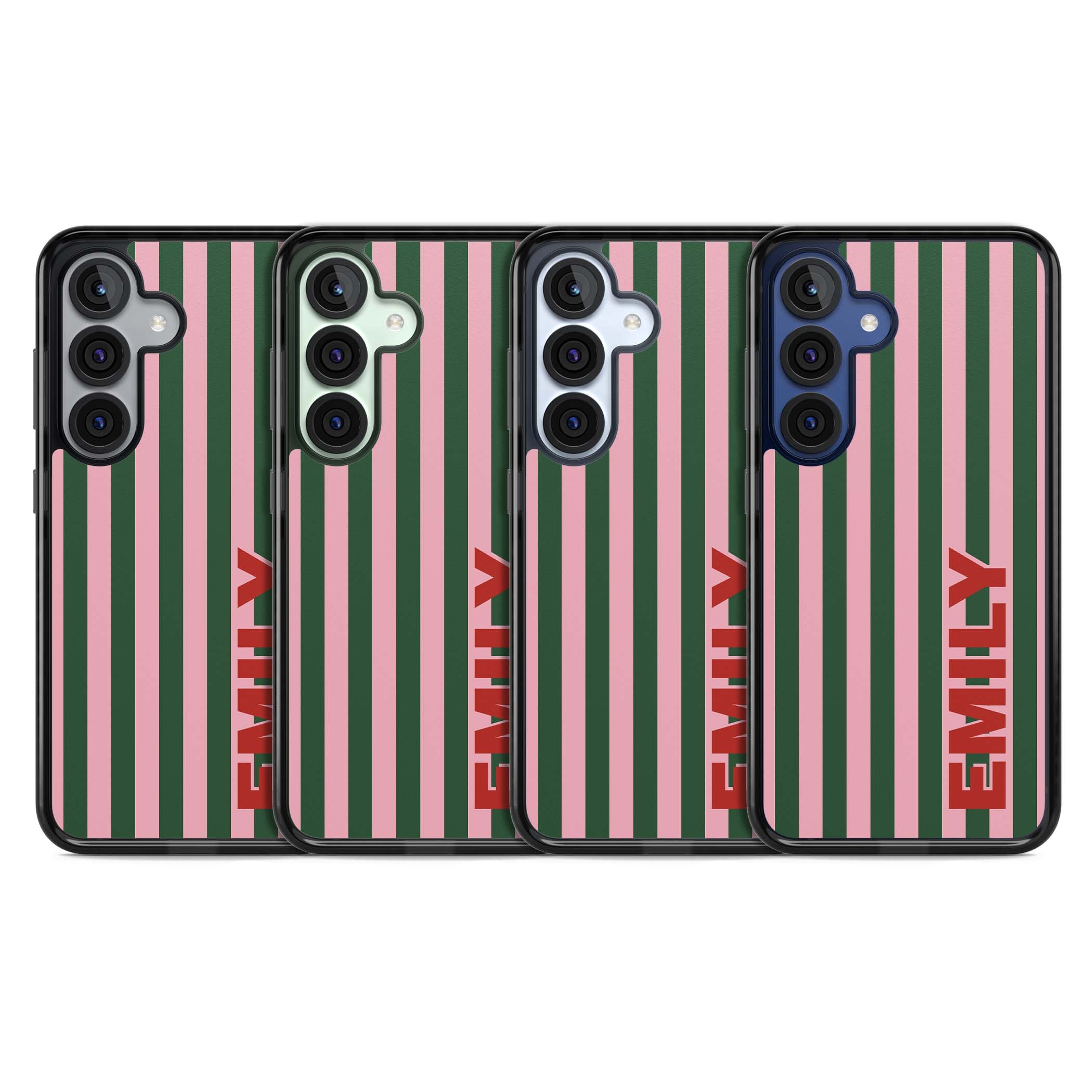 Italian Stripe preppy iPhone case featuring pink and green vertical stripes with personalised red name | Black Impact case for Samsung Galaxy S25, Samsung Galaxy S25 Plus