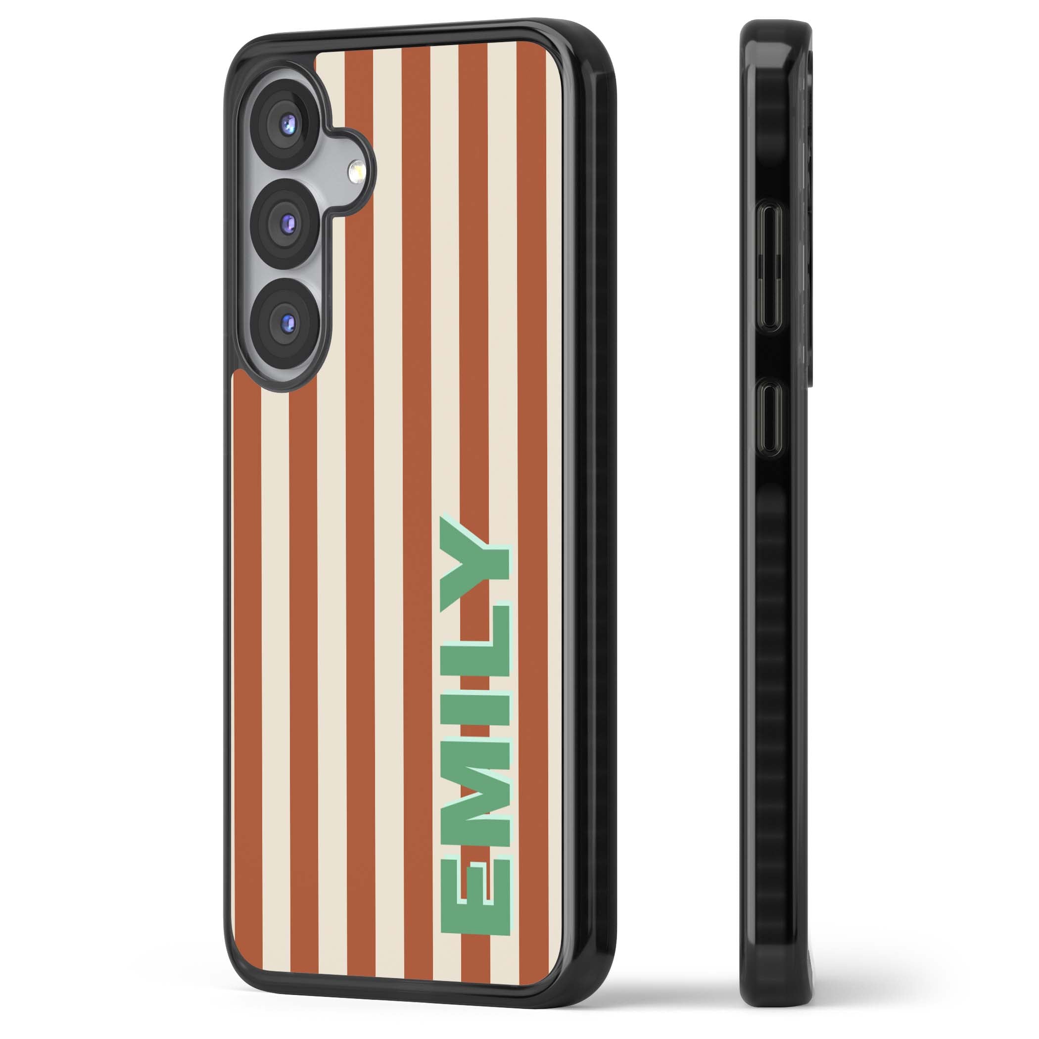 Dune Stripe personalised iPhone case with rust and cream vertical stripes and custom name in mint green | Black Impact case for Samsung Galaxy S25, Samsung Galaxy S25 Plus
