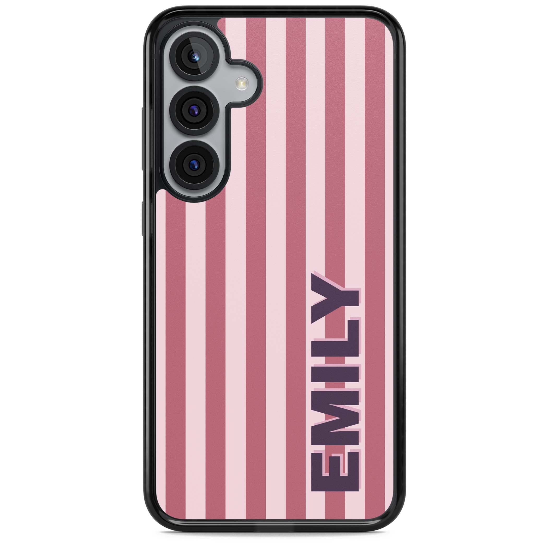 Victoria Stripe personalised iPhone case featuring pink vertical stripes and custom name in bold plum lettering | Black Impact case for Samsung Galaxy S25, Samsung Galaxy S25 Plus