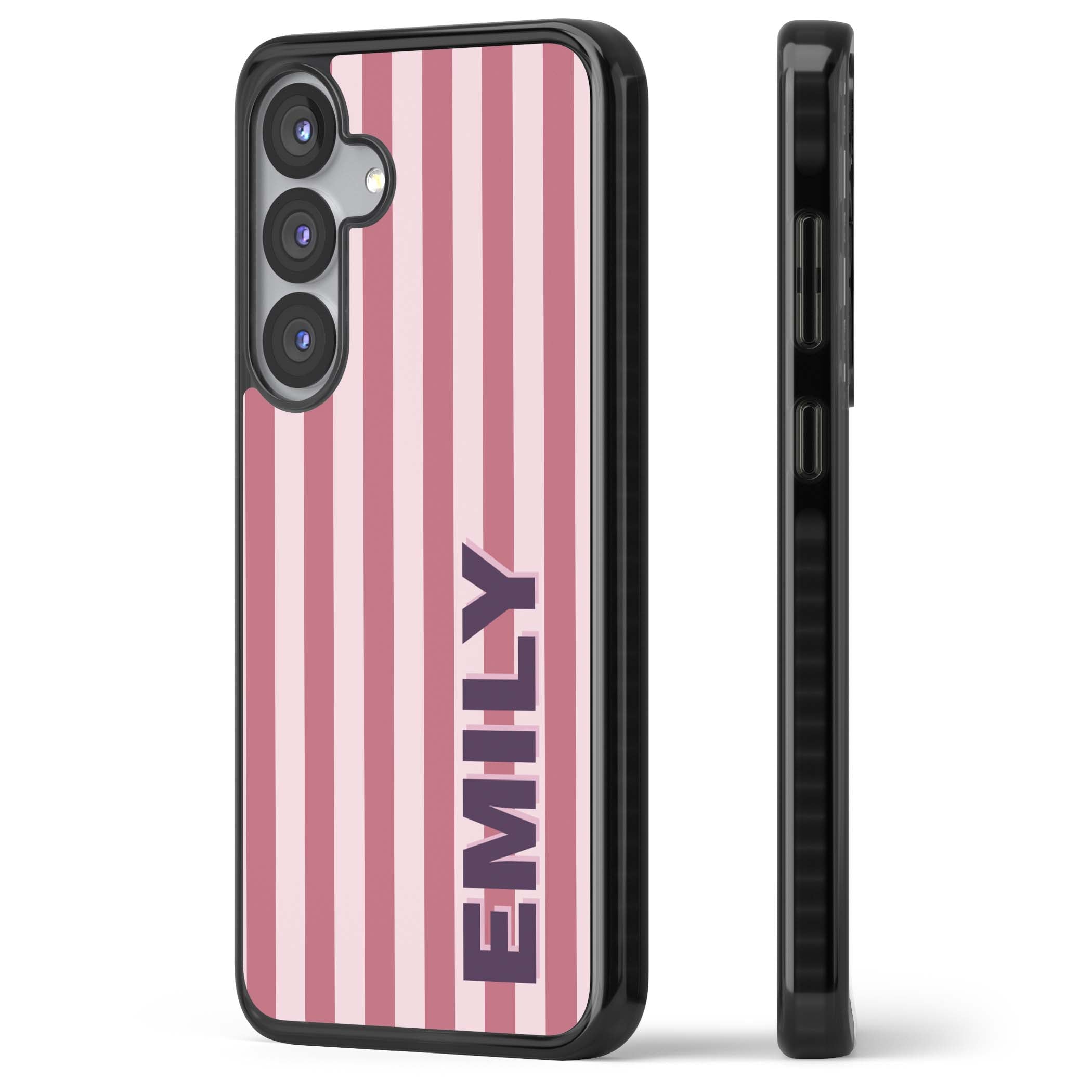 Victoria Stripe personalised iPhone case featuring pink vertical stripes and custom name in bold plum lettering | Black Impact case for Samsung Galaxy S25, Samsung Galaxy S25 Plus