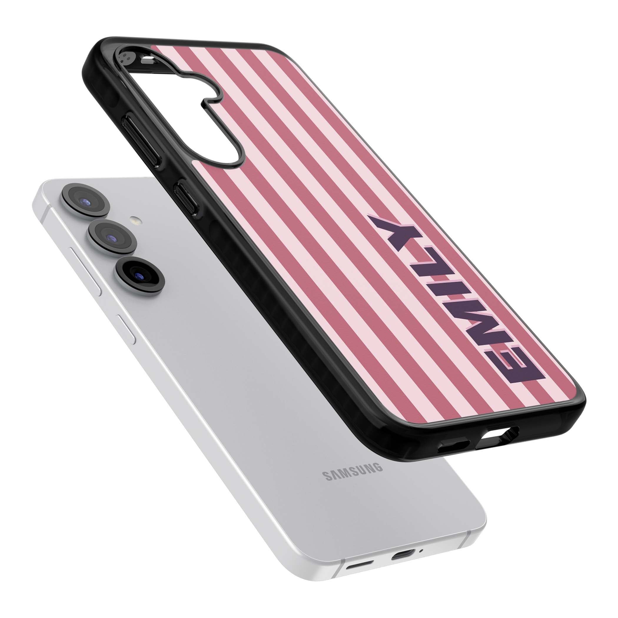 Victoria Stripe personalised iPhone case featuring pink vertical stripes and custom name in bold plum lettering | Black Impact case for Samsung Galaxy S25, Samsung Galaxy S25 Plus