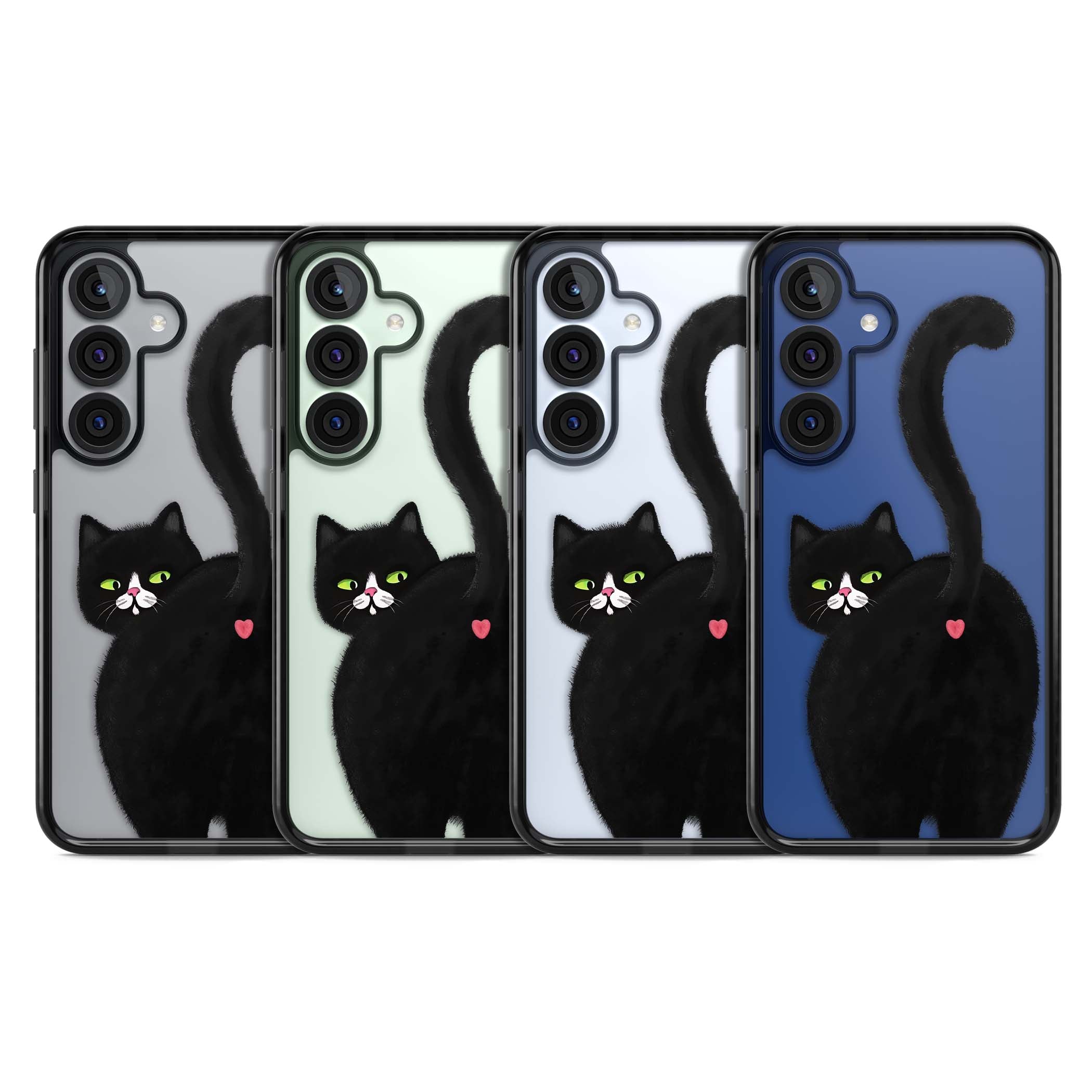 The Cat's Kiss cute cat iPhone case featuring a hand-painted tuxedo kitty with green eyes and a pink heart on a clear | Black Impact case for Samsung Galaxy S25, Samsung Galaxy S25 Plus