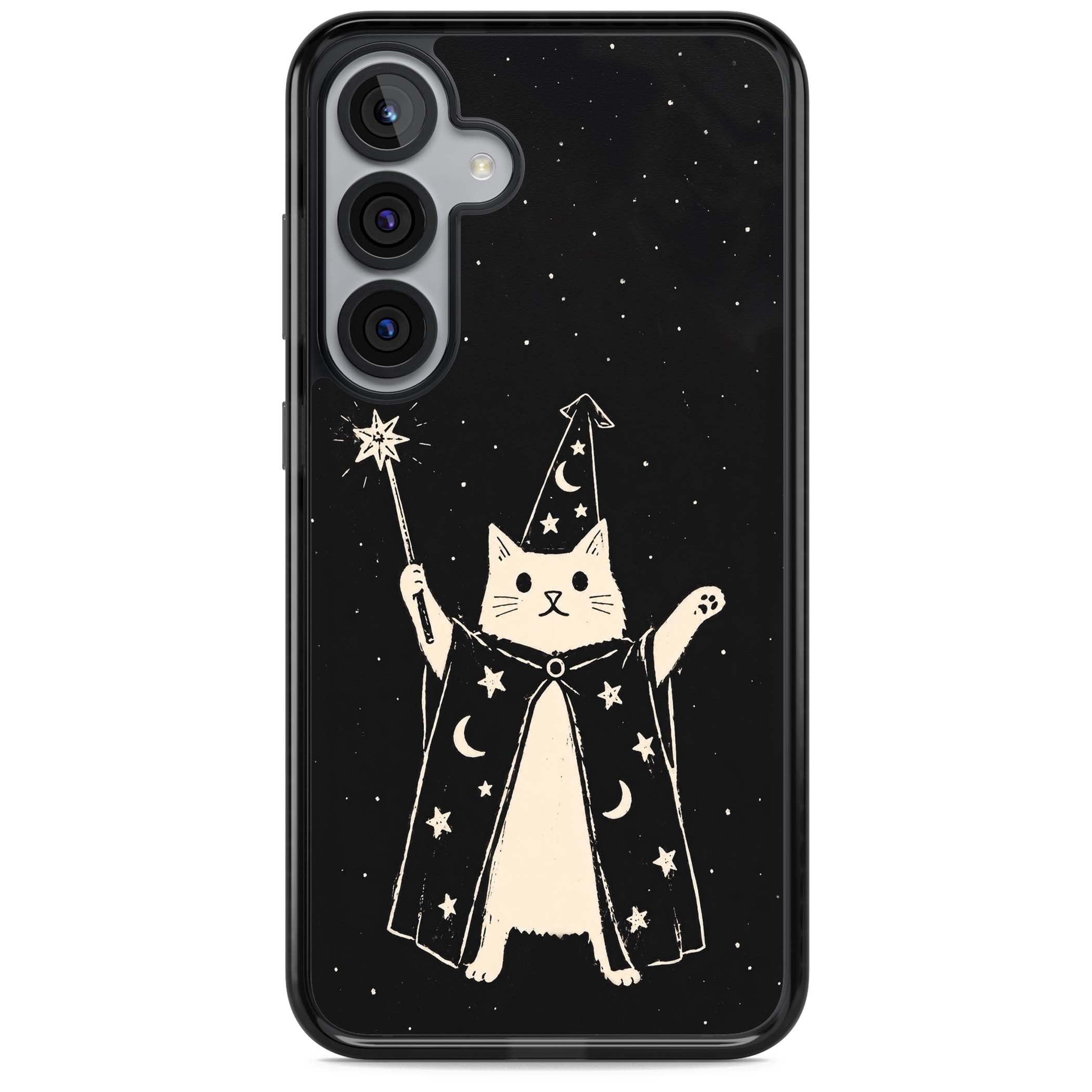 Whisker Wizard celestial cat iPhone case featuring a wizard cat with magic wand, starry night sky and crescent moons | Black Impact case for Samsung Galaxy S25, Samsung Galaxy S25 Plus