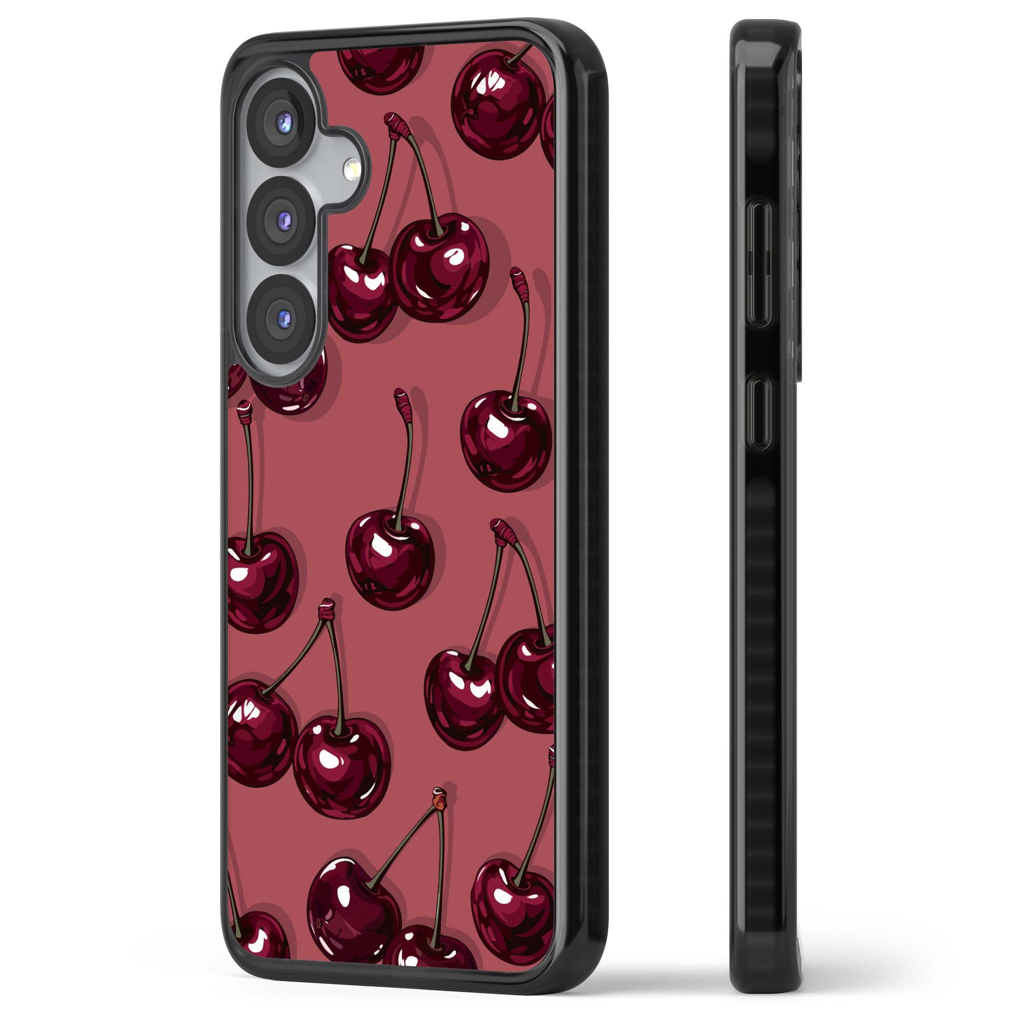 Cherry Rebel coquette iPhone case featuring glossy burgundy cherries on a dusty rose background | Black Impact case for Samsung Galaxy S25, Samsung Galaxy S25 Plus