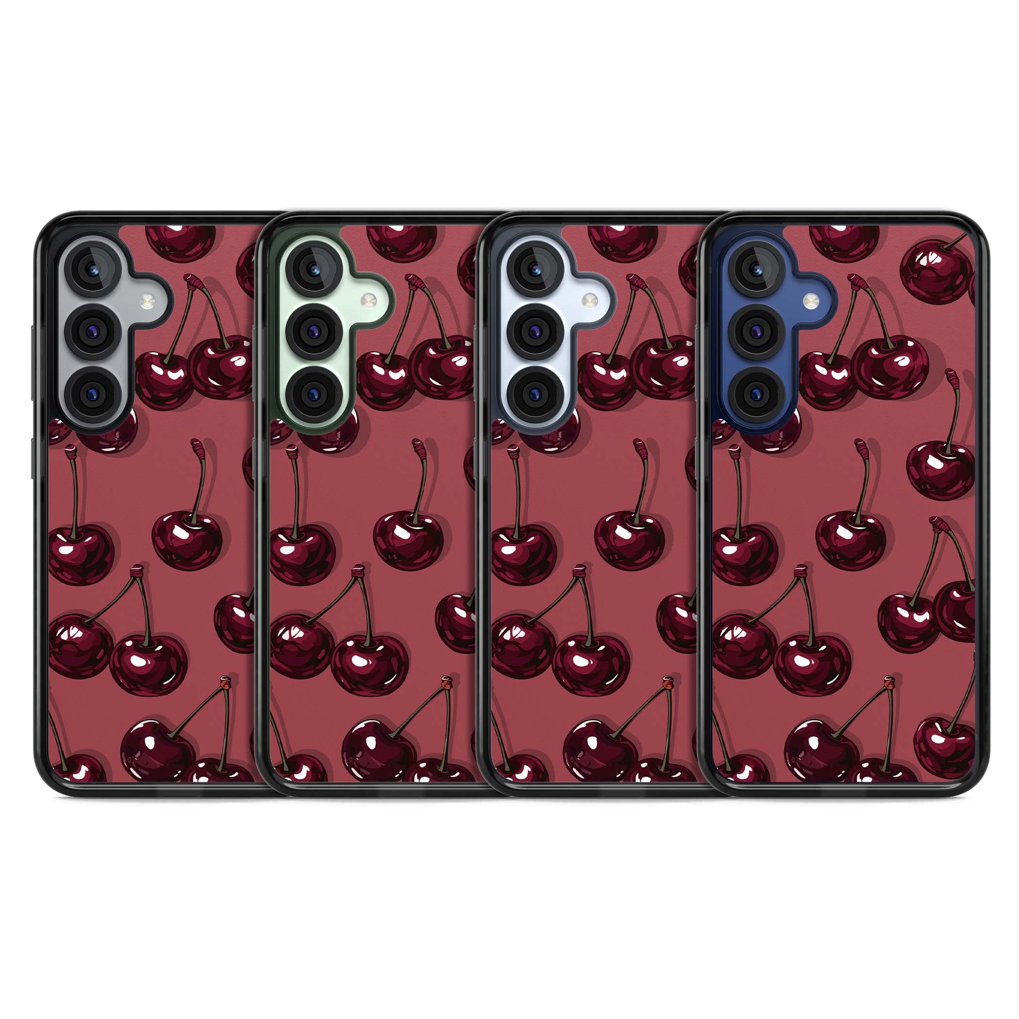 Cherry Rebel coquette iPhone case featuring glossy burgundy cherries on a dusty rose background | Black Impact case for Samsung Galaxy S25, Samsung Galaxy S25 Plus
