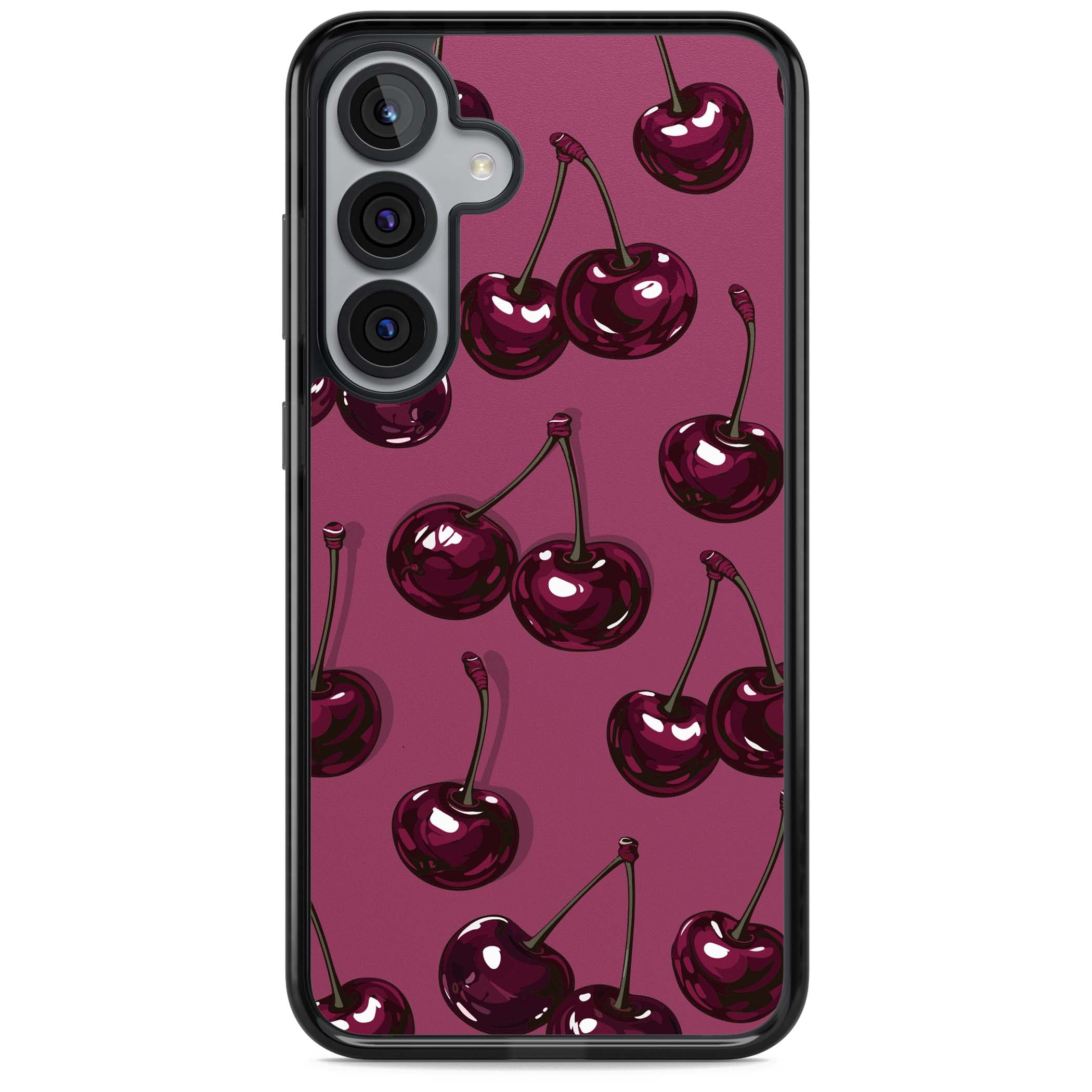 Cherry Soda coquette iPhone case featuring glossy burgundy cherries on a dusty pink background | Black Impact case for Samsung Galaxy S25, Samsung Galaxy S25 Plus