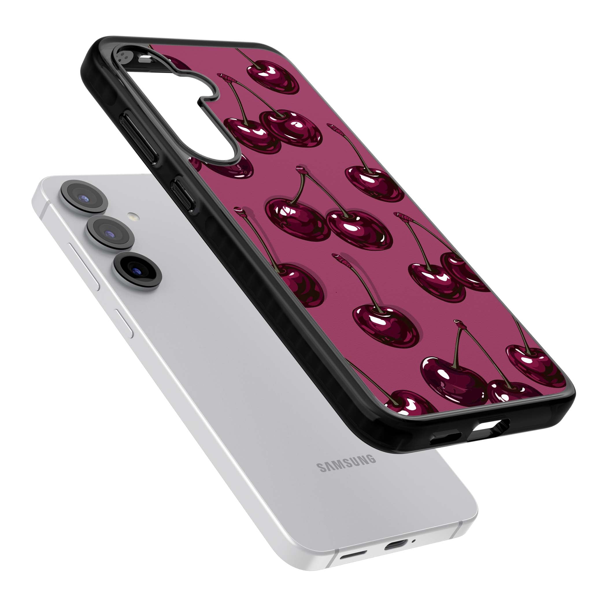 Cherry Soda coquette iPhone case featuring glossy burgundy cherries on a dusty pink background | Black Impact case for Samsung Galaxy S25, Samsung Galaxy S25 Plus