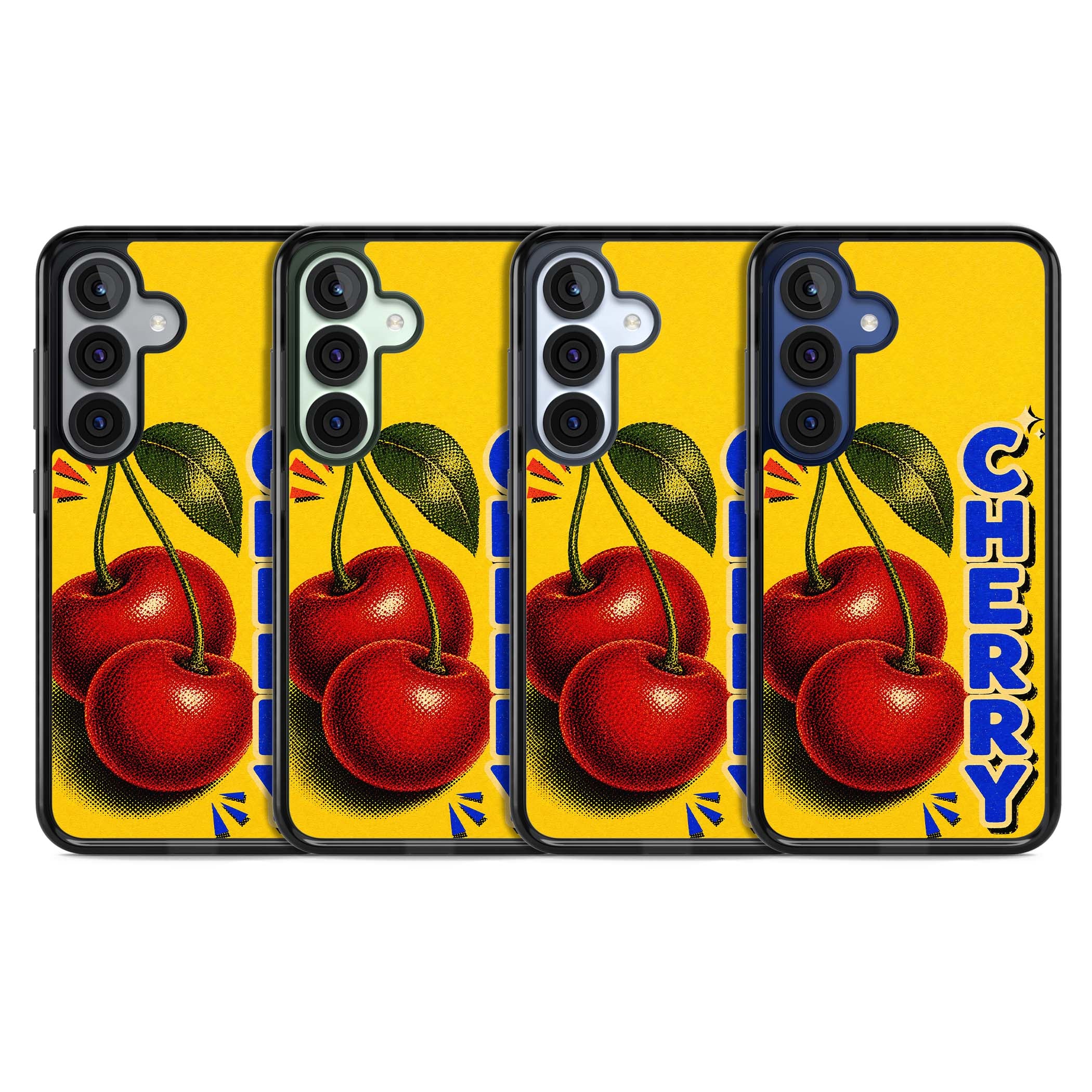 Cherry Yellow y2k iPhone case featuring two red cherries, halftone shading and bold blue CHERRY lettering on yellow | Black Impact case for Samsung Galaxy S25, Samsung Galaxy S25 Plus