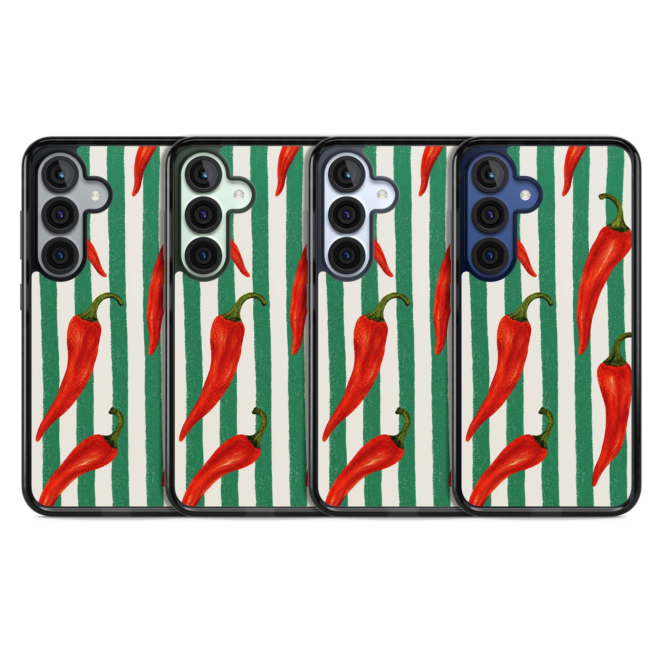Striped Chillis coastal iPhone case featuring hand-painted red chili peppers on green and cream stripes | Black Impact case for Samsung Galaxy S25, Samsung Galaxy S25 Plus