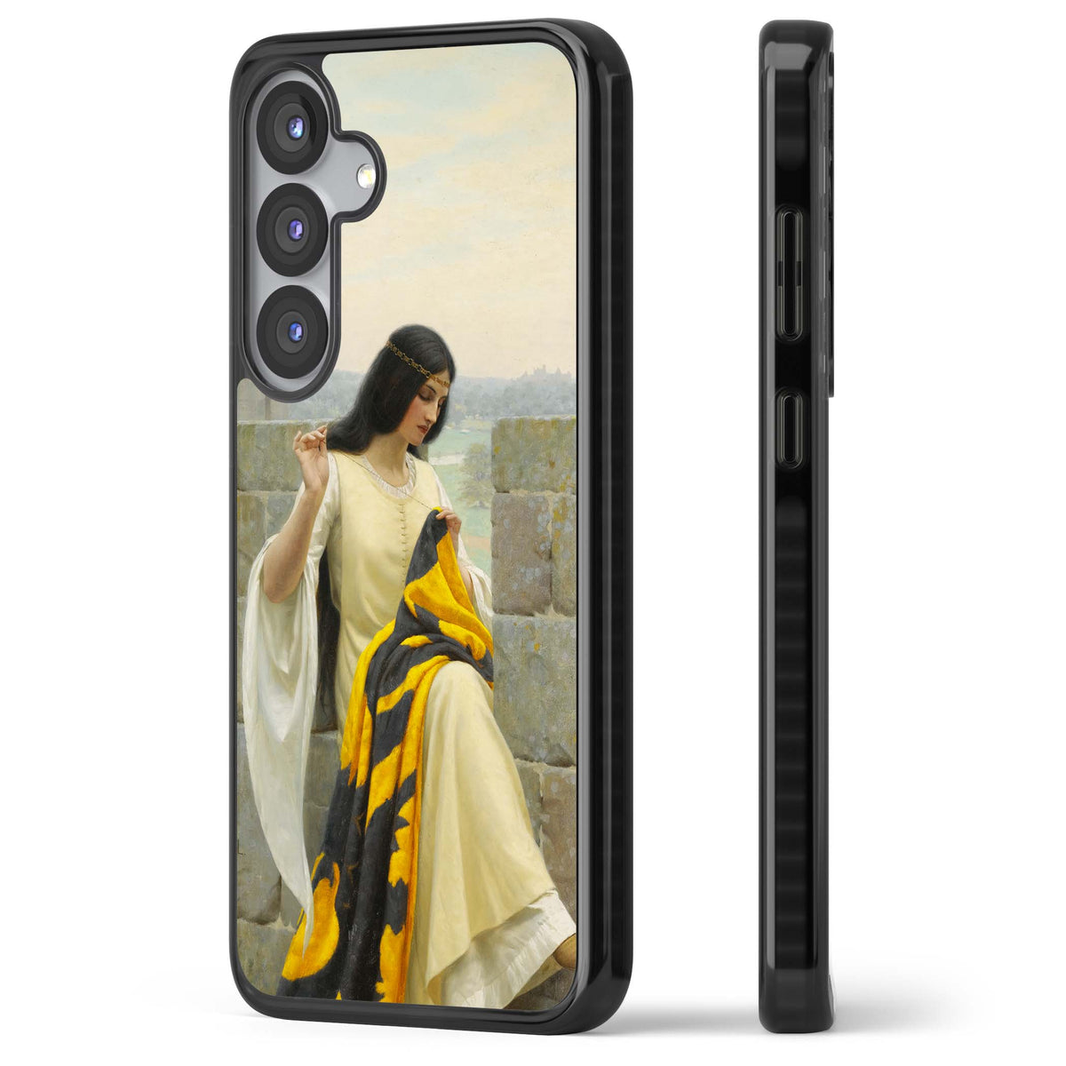 Stitching the Standard renaissance art iPhone case featuring a medieval lady sewing a golden banner on a castle wall | Black Impact case for Samsung Galaxy S25, Samsung Galaxy S25 Plus
