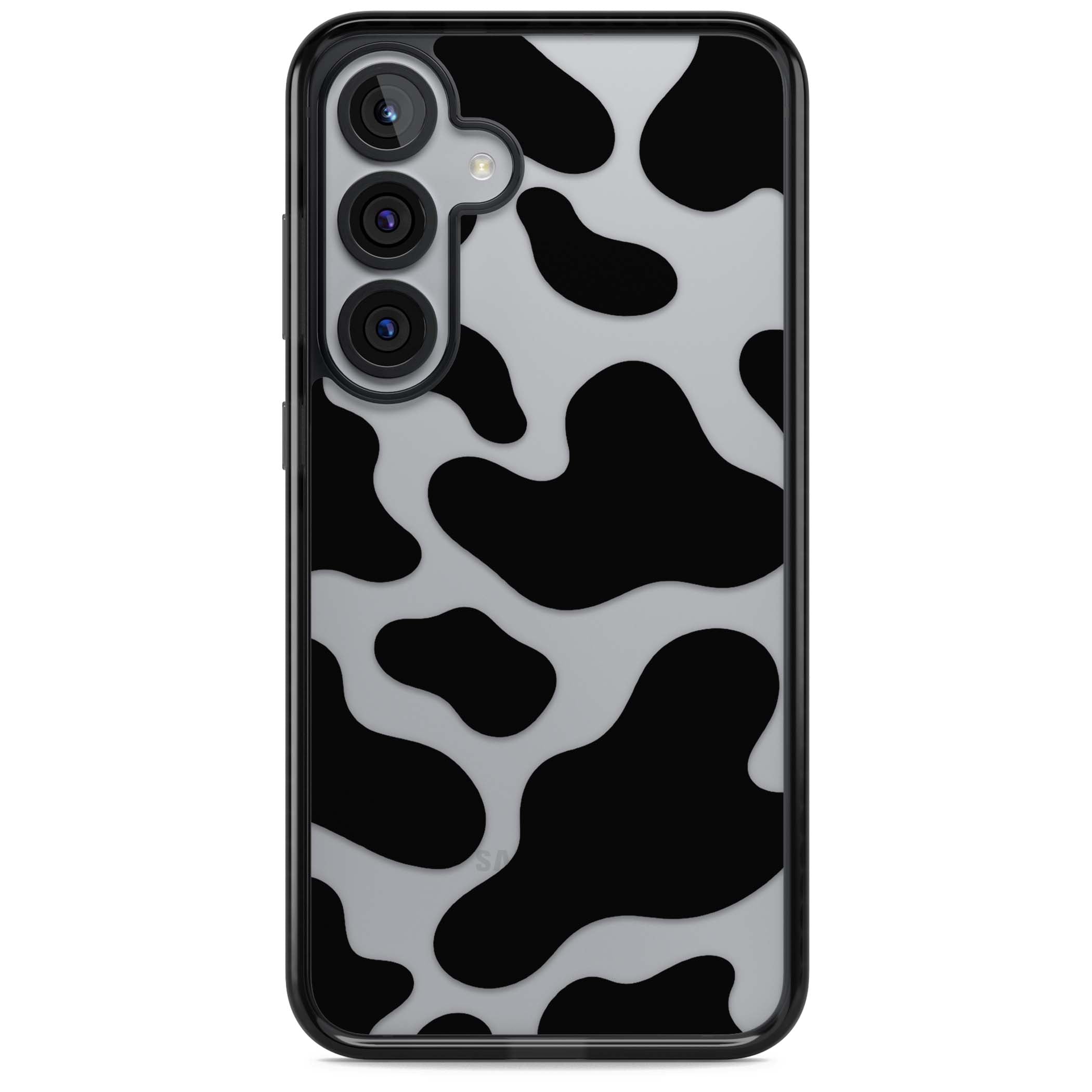 Clear Cow Print cow print iPhone case featuring black and white cow pattern splotches on a clear background | Black Impact case for Samsung Galaxy S25, Samsung Galaxy S25 Plus
