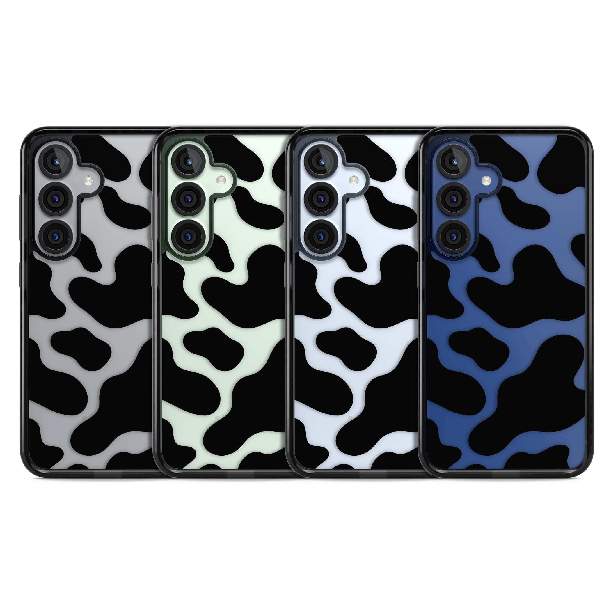 Clear Cow Print cow print iPhone case featuring black and white cow pattern splotches on a clear background | Black Impact case for Samsung Galaxy S25, Samsung Galaxy S25 Plus