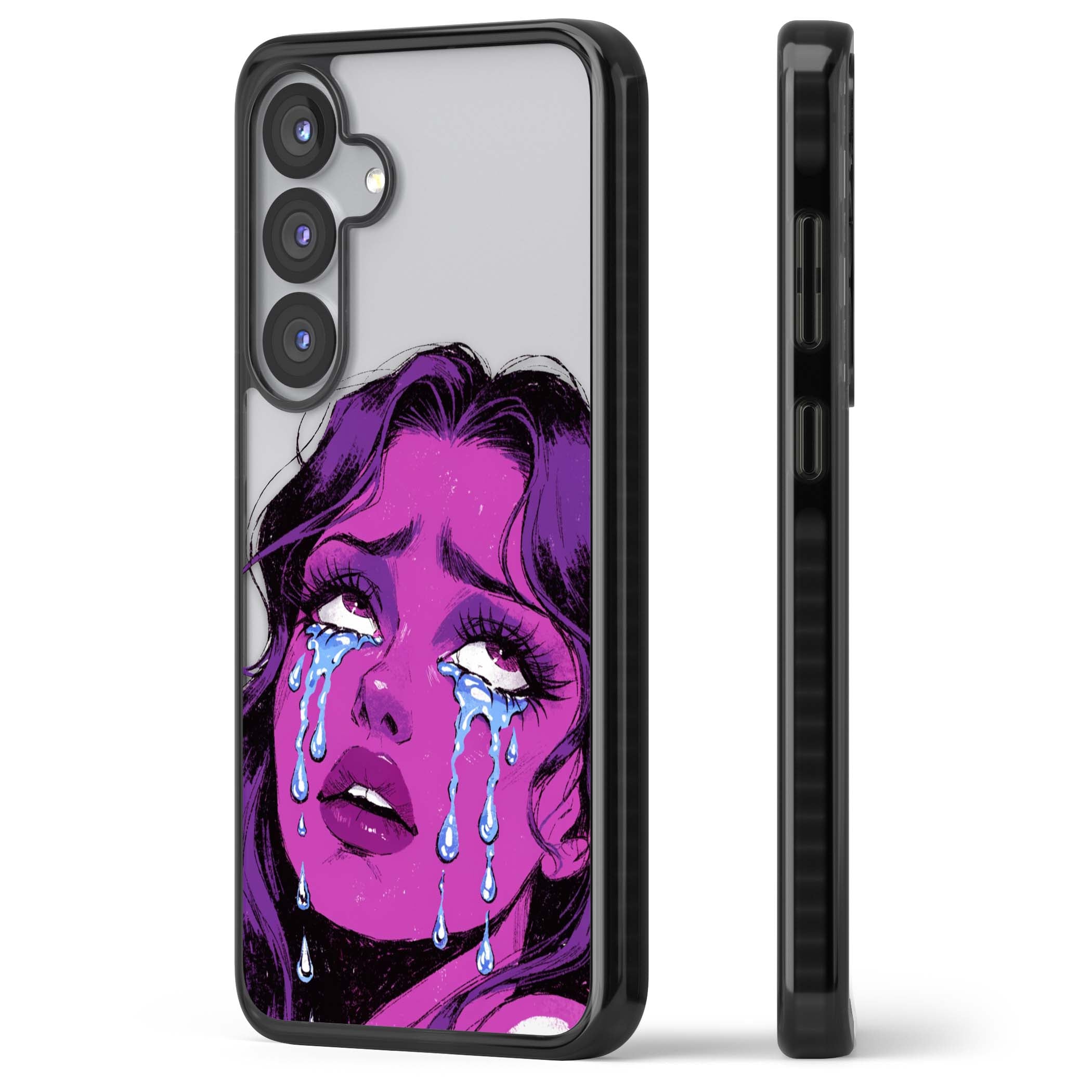 Drama Queen pop art iPhone case featuring a purple crying comic girl with blue tears | Black Impact case for Samsung Galaxy S25, Samsung Galaxy S25 Plus
