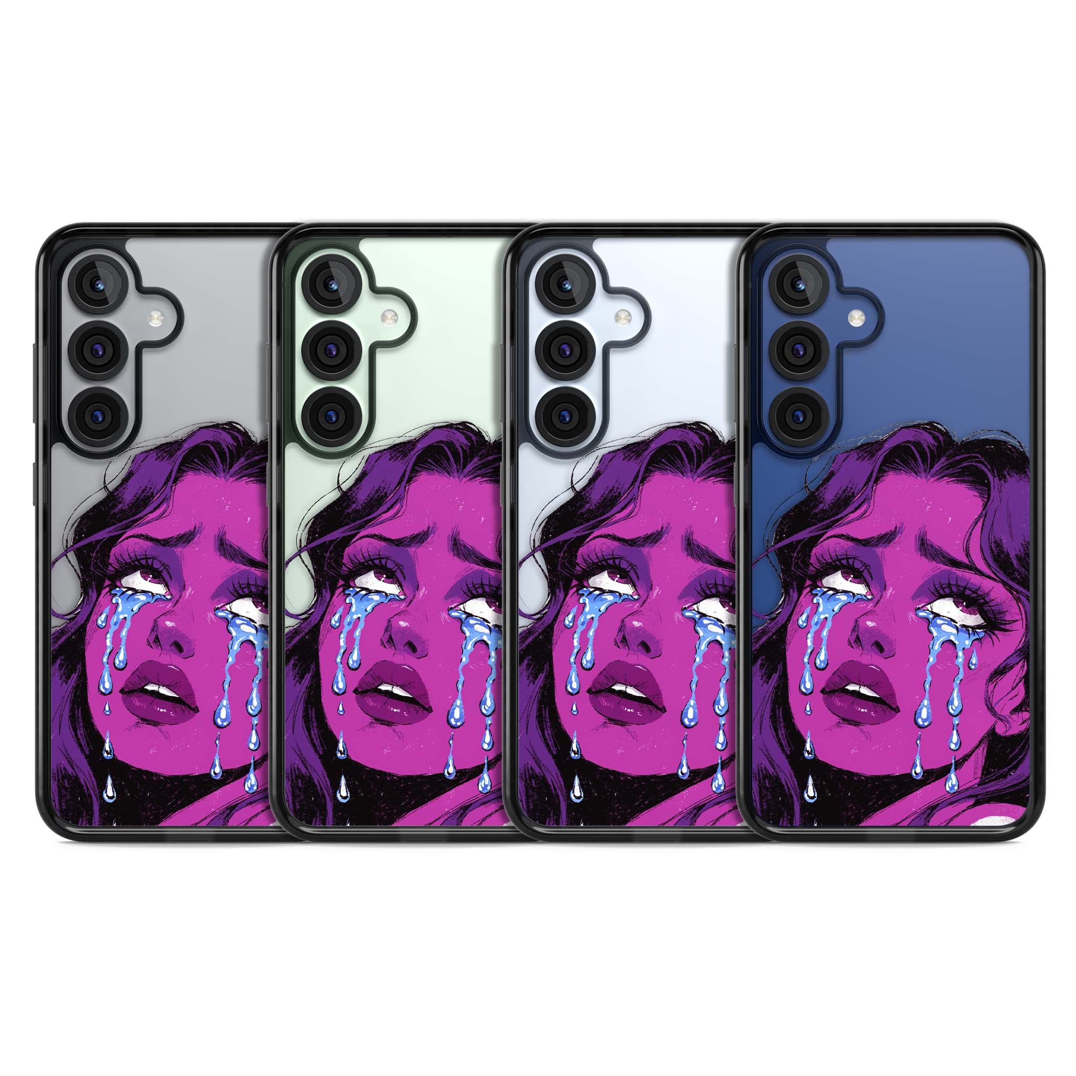 Drama Queen pop art iPhone case featuring a purple crying comic girl with blue tears | Black Impact case for Samsung Galaxy S25, Samsung Galaxy S25 Plus
