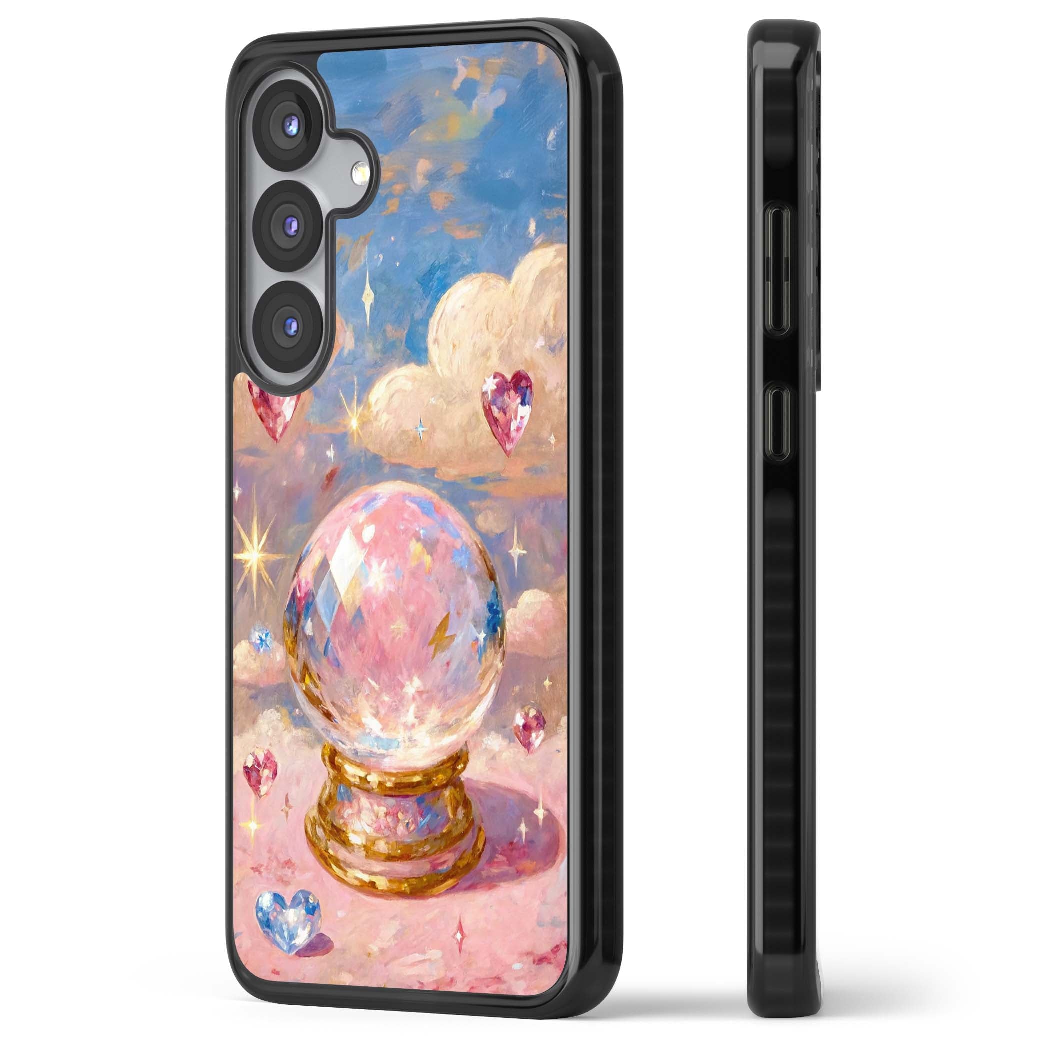 Crystal Ball fairycore iPhone case featuring a painted crystal ball, heart gemstones, and pastel clouds | Black Impact case for Samsung Galaxy S25, Samsung Galaxy S25 Plus