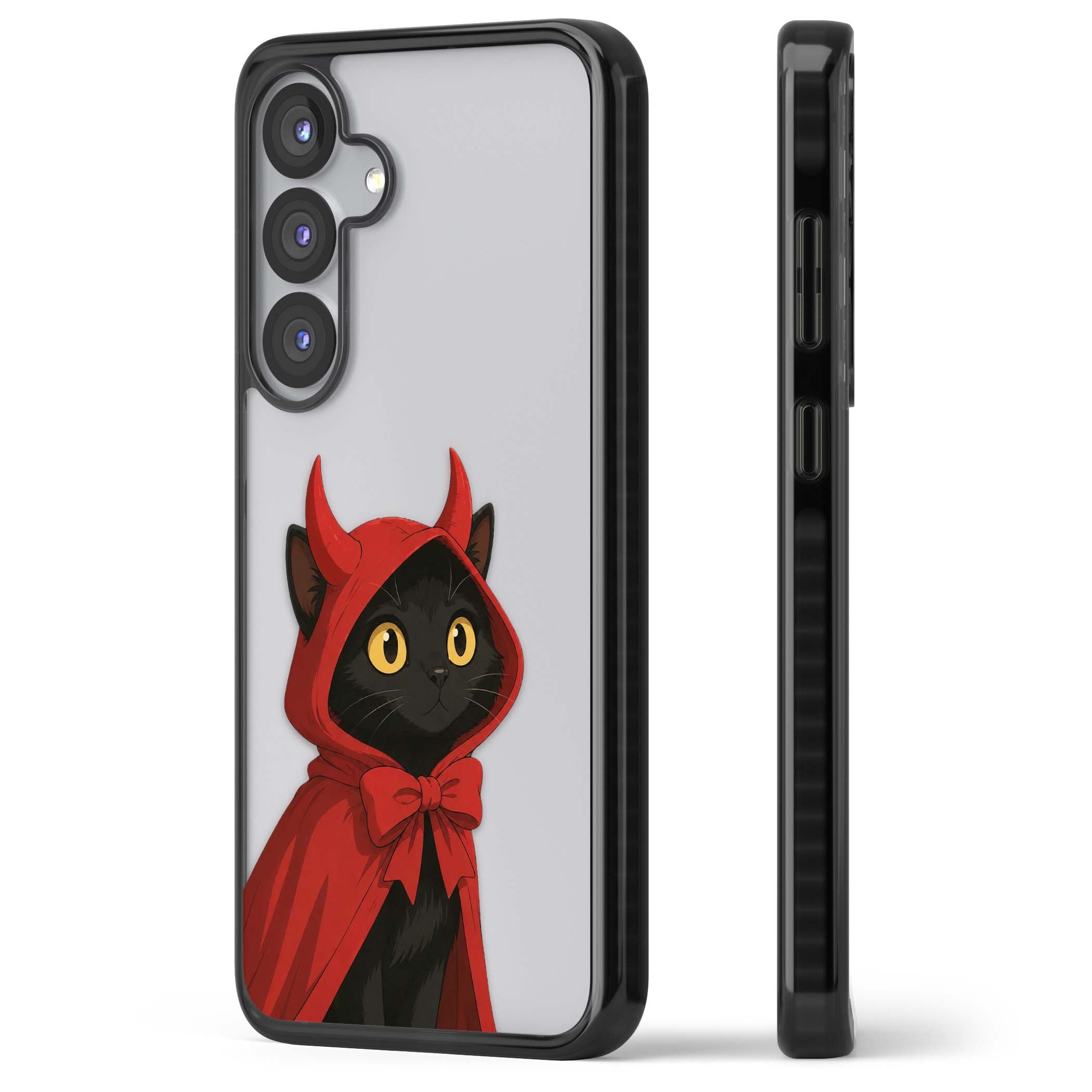 Little Devil halloween iPhone case featuring a black cat in a red hooded devil cloak with horns and golden eyes | Black Impact case for Samsung Galaxy S25, Samsung Galaxy S25 Plus