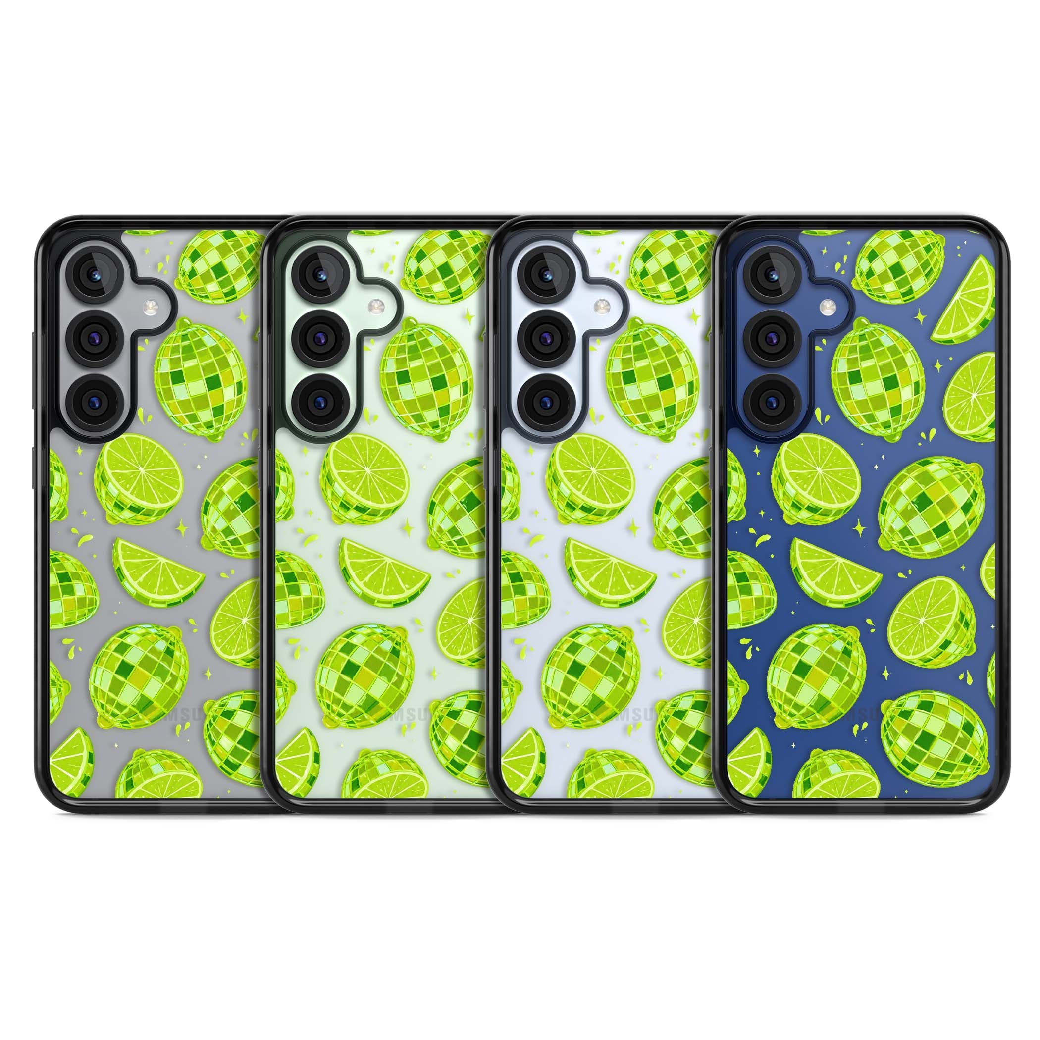 Disco Limes fruit aesthetic iPhone case featuring green disco balls, lime slices and citrus sparkles | Black Impact case for Samsung Galaxy S25, Samsung Galaxy S25 Plus