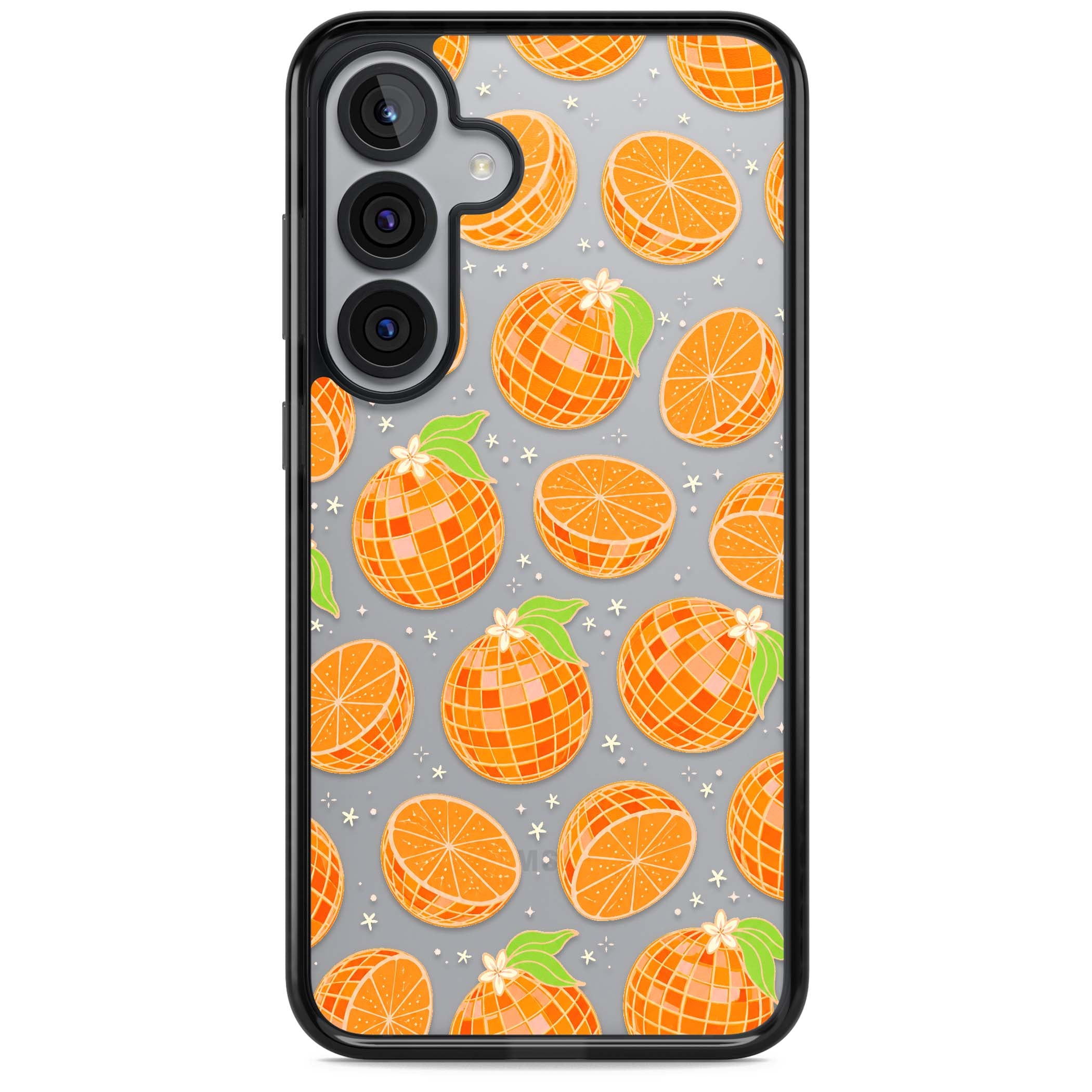 Disco Oranges retro iPhone case featuring mirrorball oranges, citrus slices and tiny blossoms on clear | Black Impact case for Samsung Galaxy S25, Samsung Galaxy S25 Plus