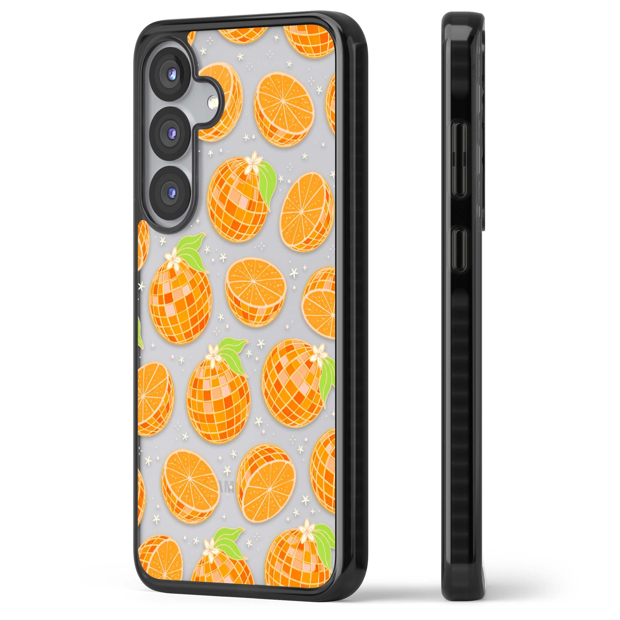Disco Oranges retro iPhone case featuring mirrorball oranges, citrus slices and tiny blossoms on clear | Black Impact case for Samsung Galaxy S25, Samsung Galaxy S25 Plus