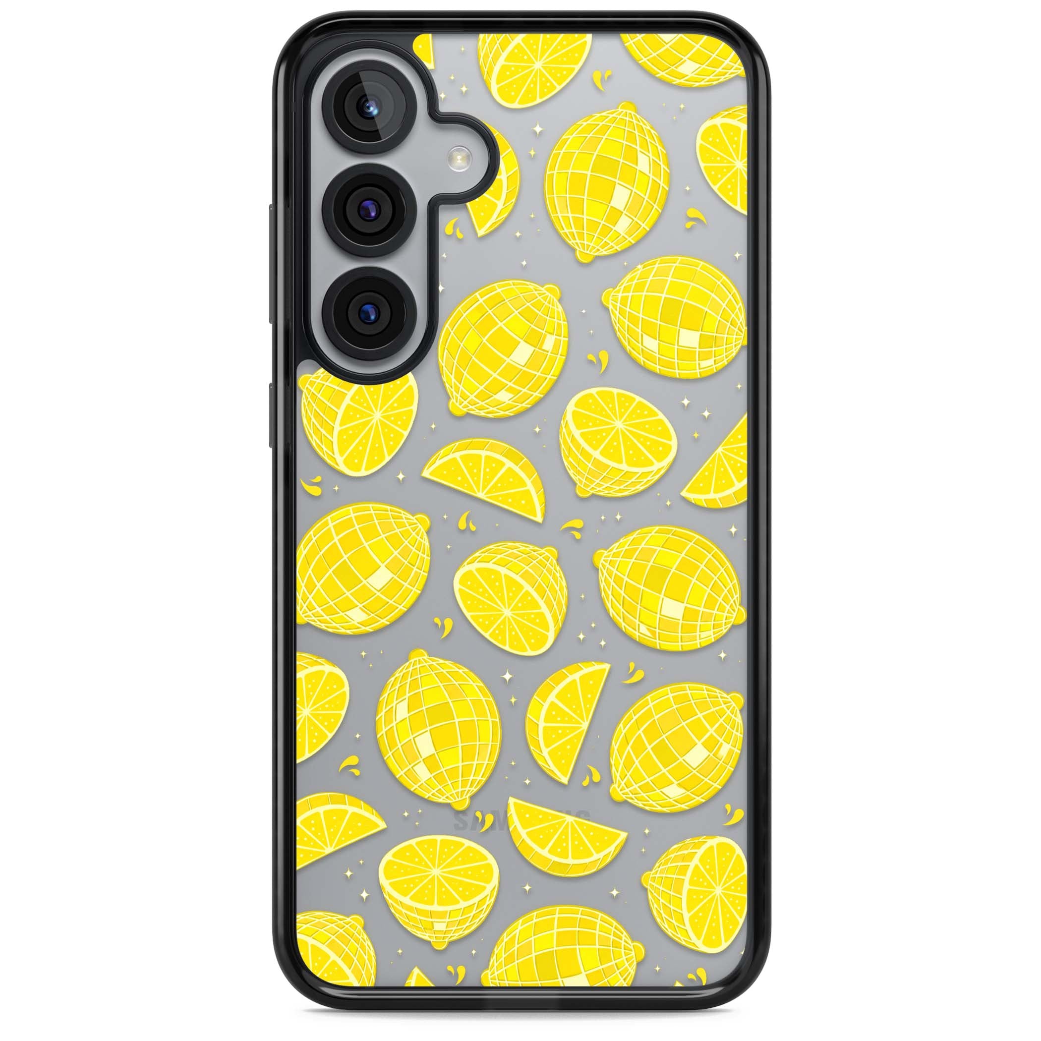 Disco Lemons citrus iPhone case featuring mirrorball lemons, sliced fruit and sparkle accents | Black Impact case for Samsung Galaxy S25, Samsung Galaxy S25 Plus